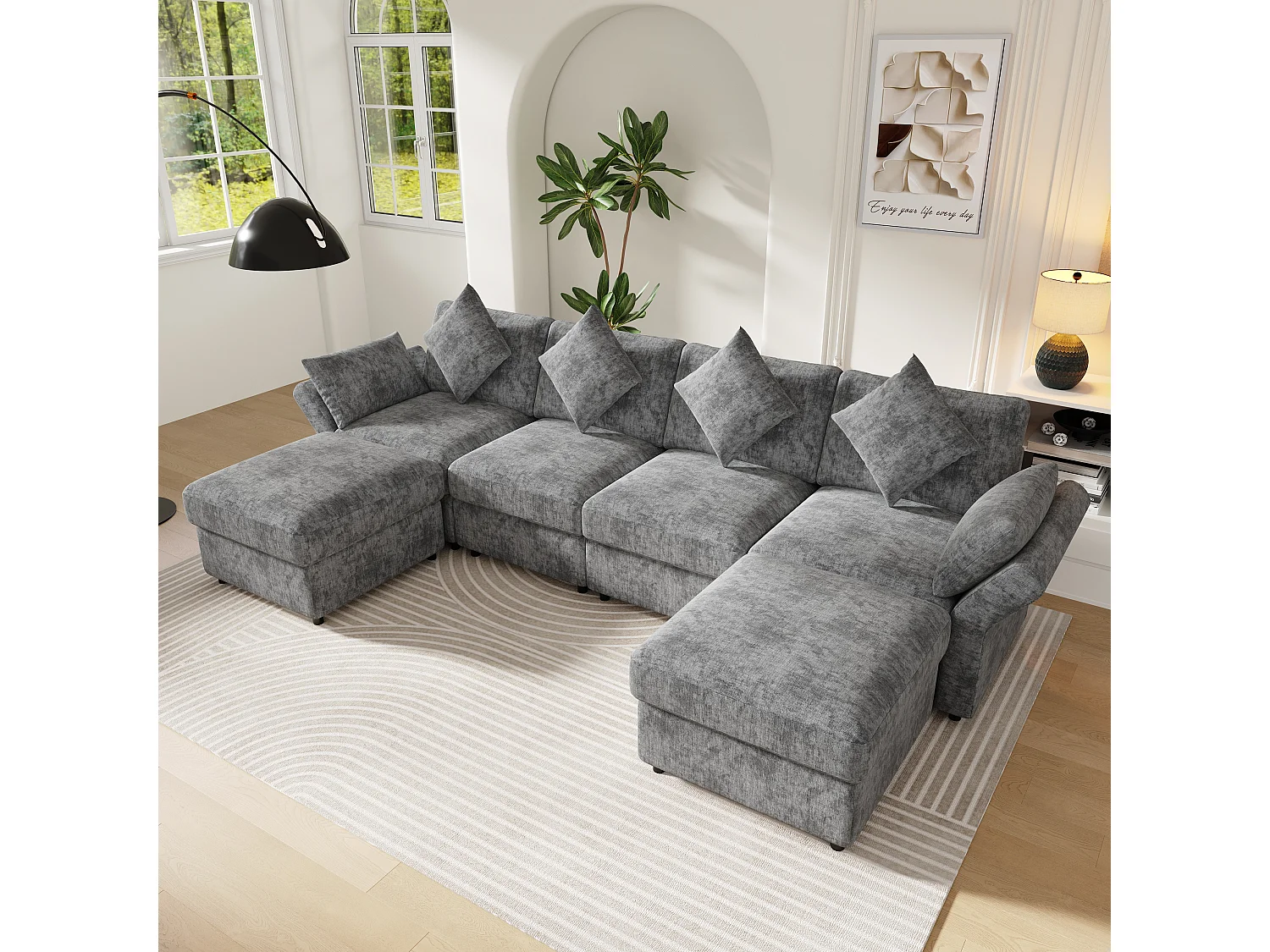 Canapé modulable en chenille gris avec 2 poufs et accoudoirs réglables