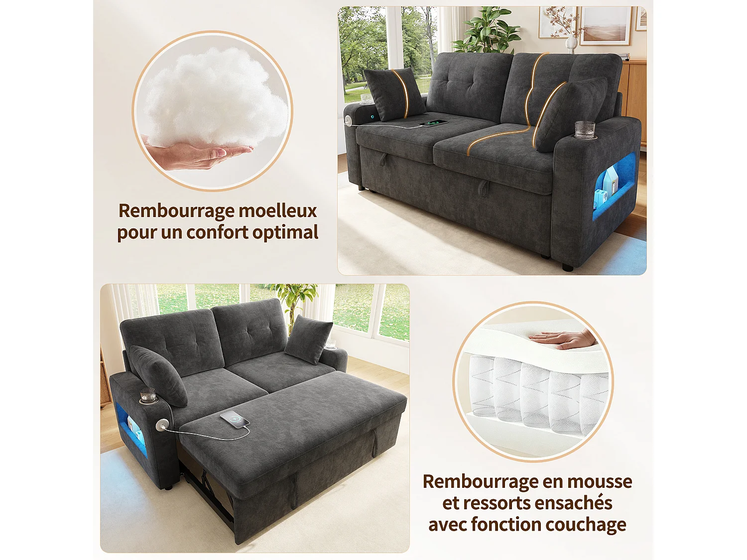 Canapé convertible 2 places en chenille gris avec éclairage LED et rangement