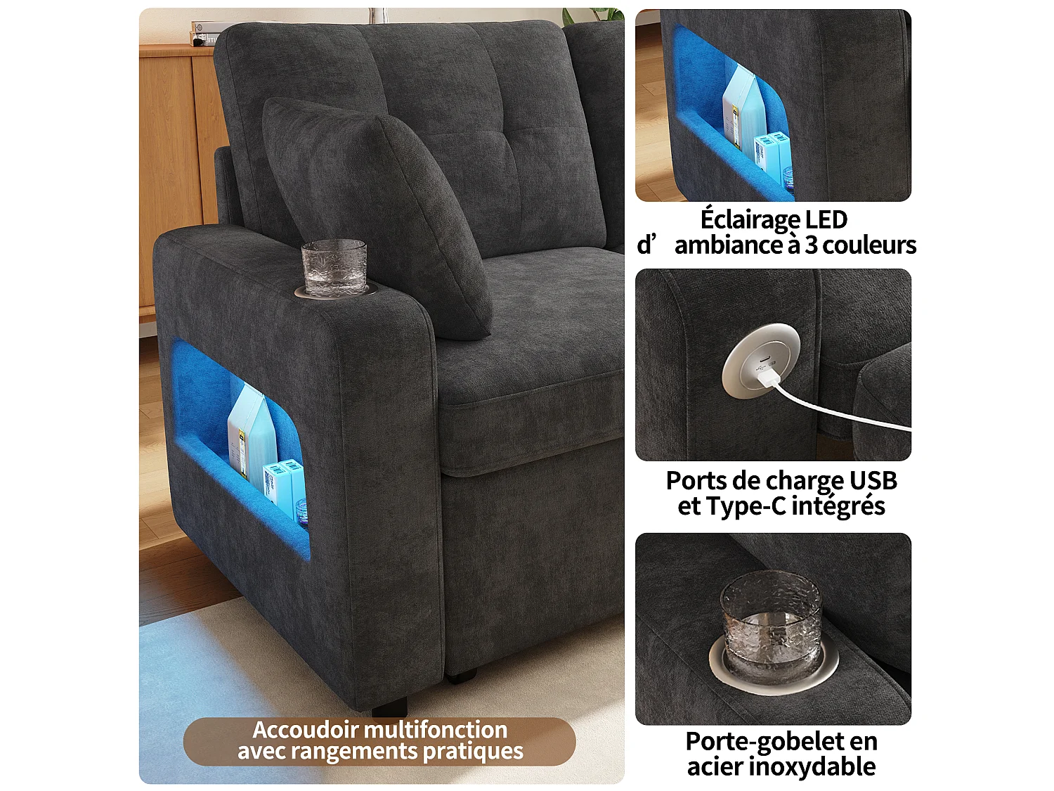 Canapé convertible 2 places en chenille gris avec éclairage LED et rangement