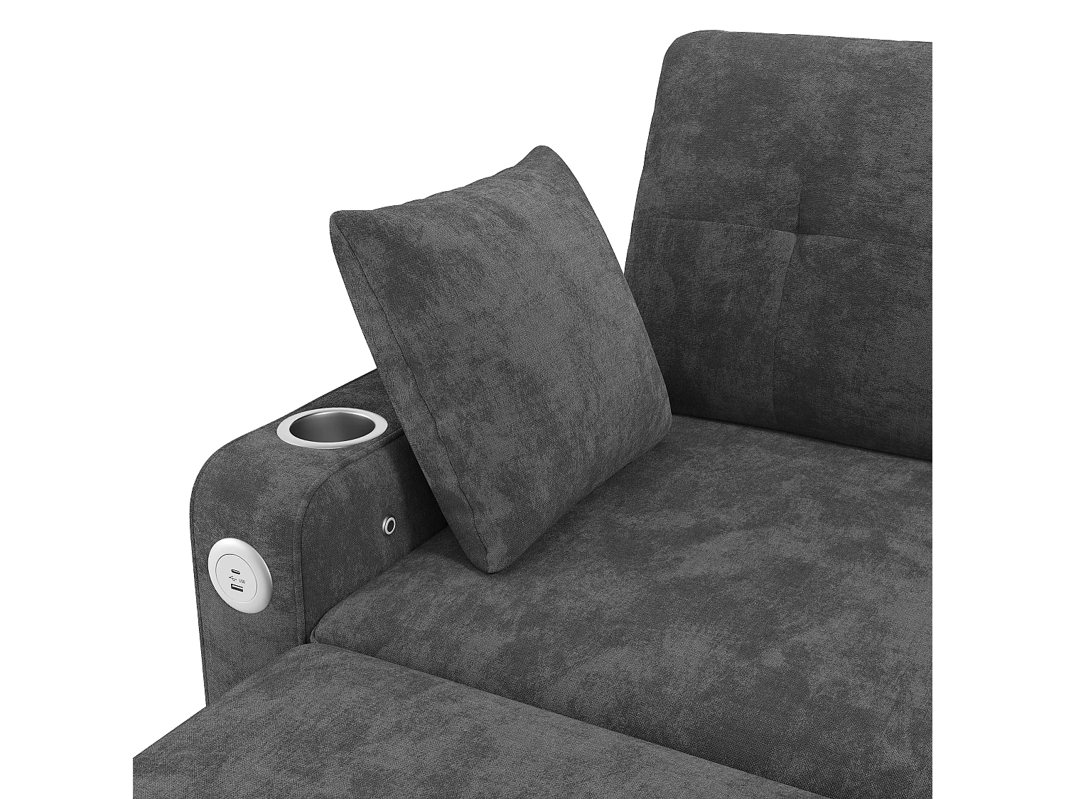 Canapé convertible 2 places en chenille gris avec éclairage LED et rangement