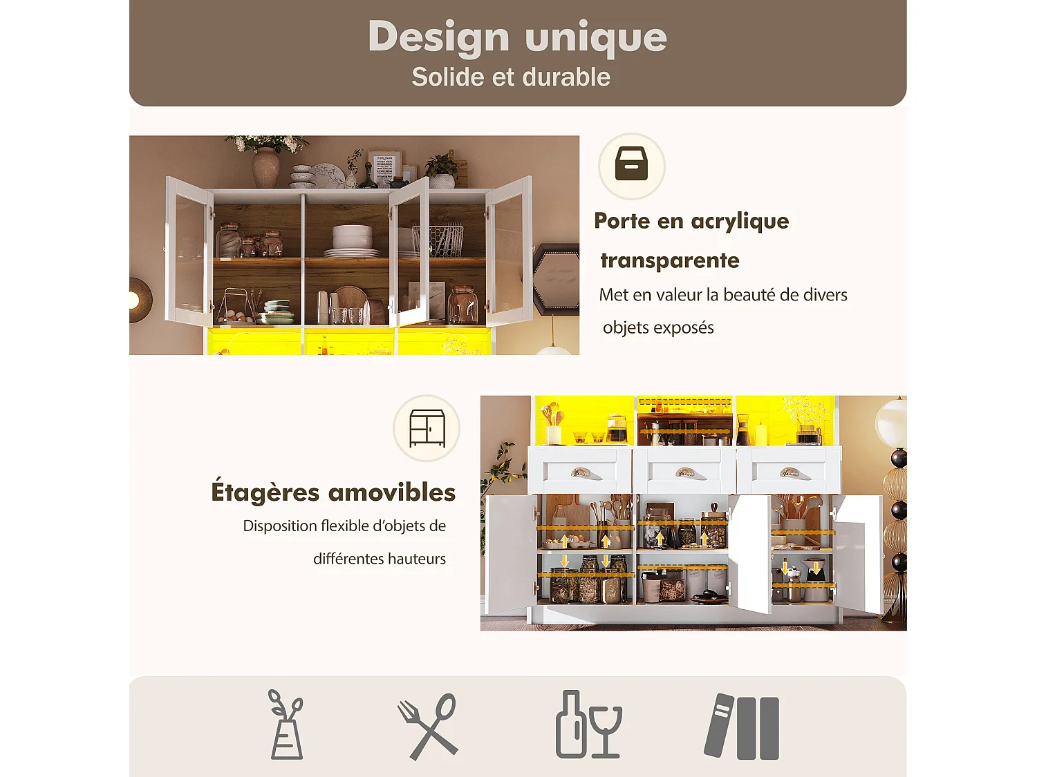Buffet haut de cuisine blanc avec éclairage LED et portes vitrées