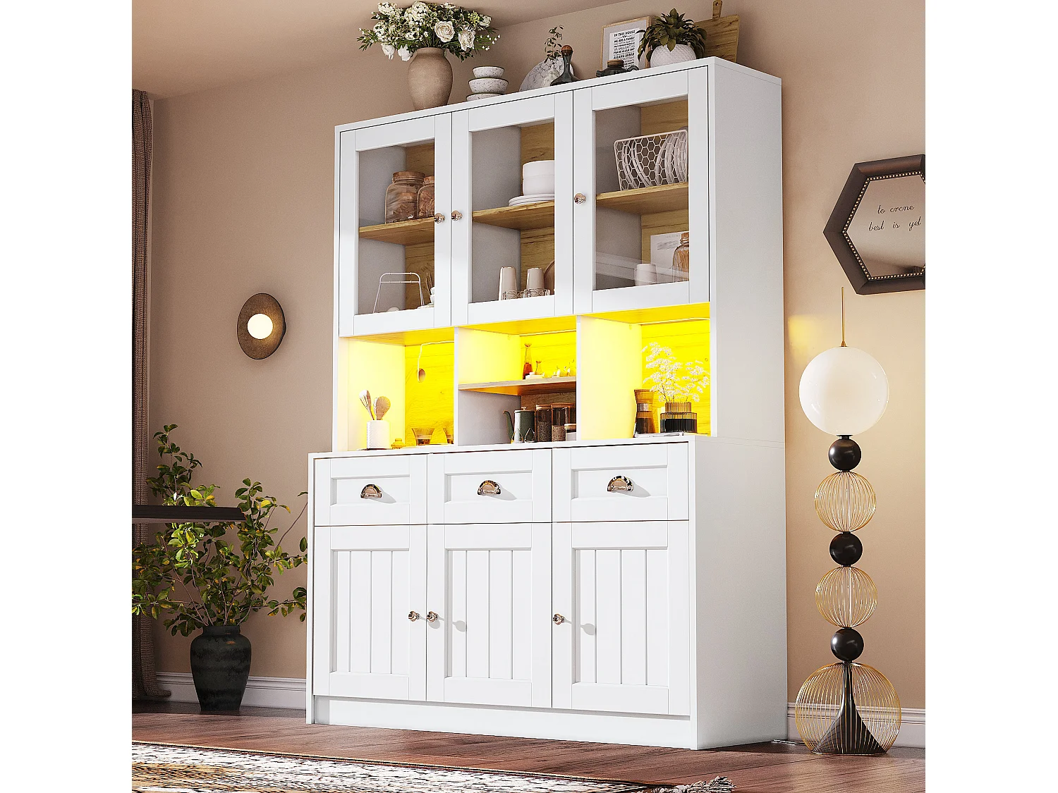 Buffet haut de cuisine blanc avec éclairage LED et portes vitrées