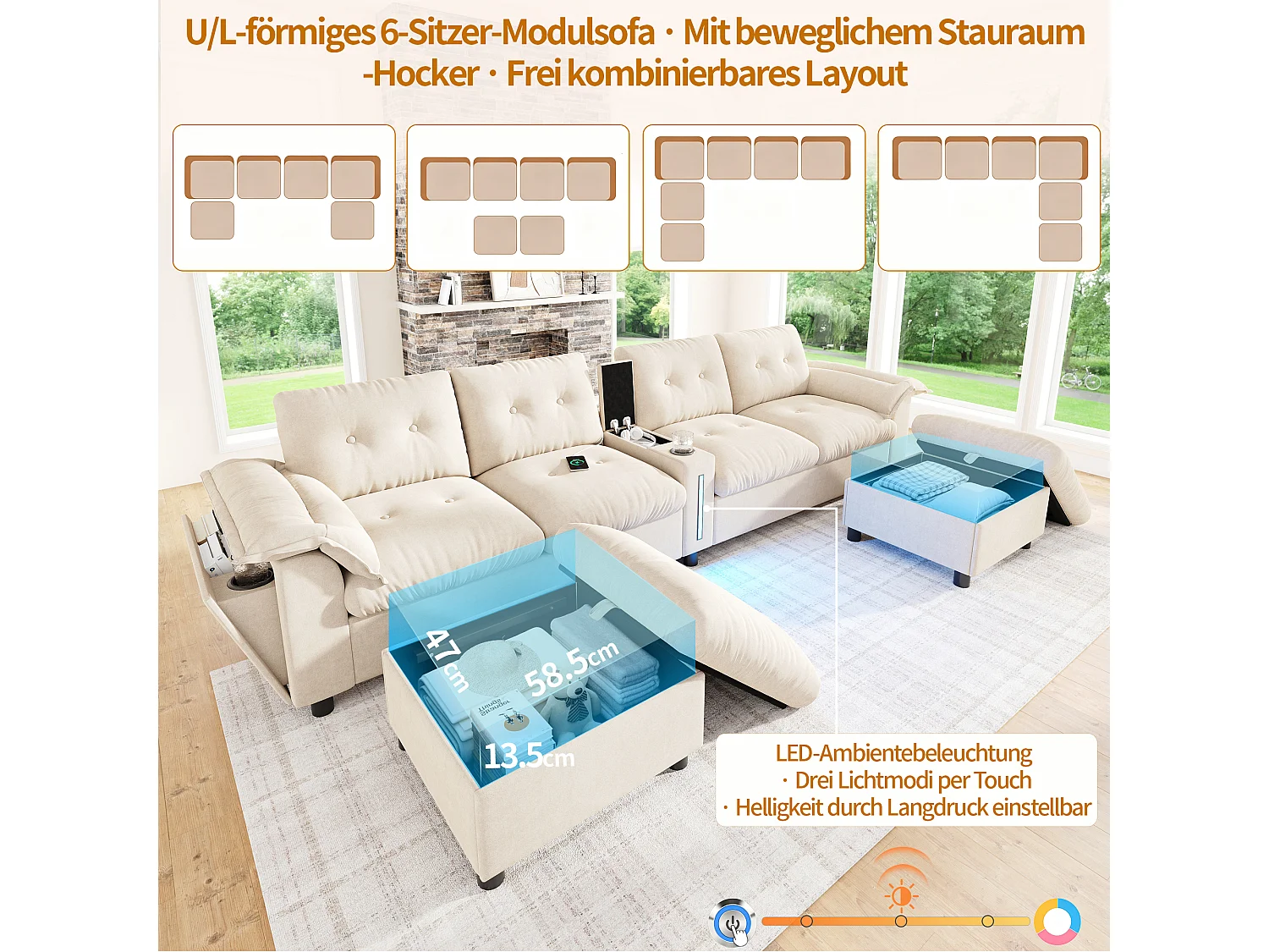 Canapé d’angle modulable 6 places en chenille beige avec poufs coffres, console USB et LED