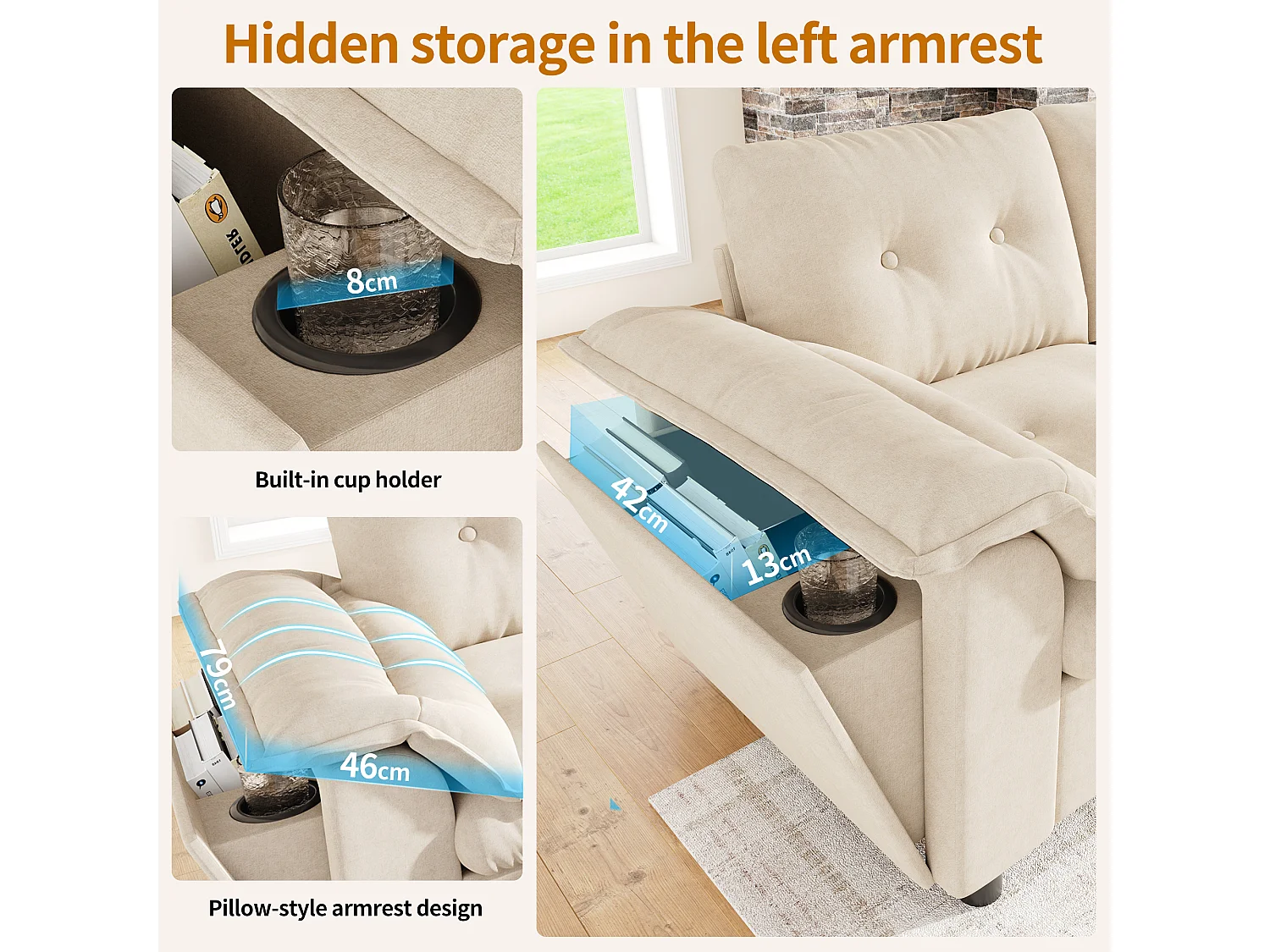 Canapé d’angle modulable 6 places en chenille beige avec poufs coffres, console USB et LED