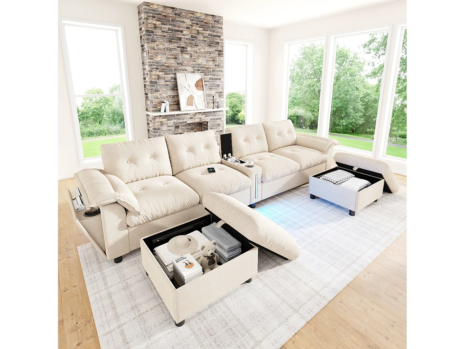 Canapé d’angle modulable 6 places en chenille beige avec poufs coffres, console USB et LED