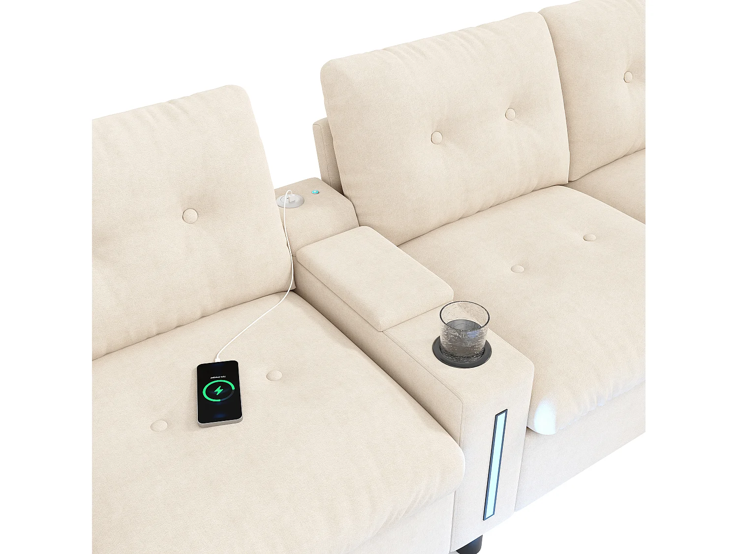 Canapé d’angle modulable 6 places en chenille beige avec poufs coffres, console USB et LED