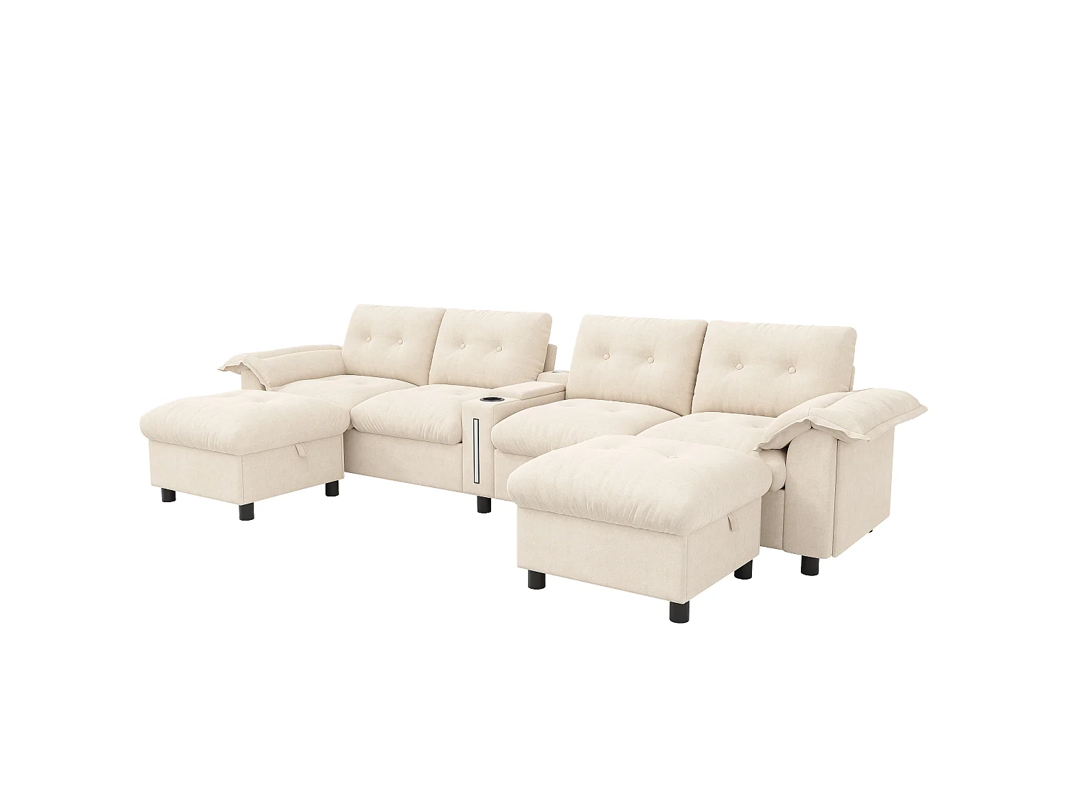 Canapé d’angle modulable 6 places en chenille beige avec poufs coffres, console USB et LED