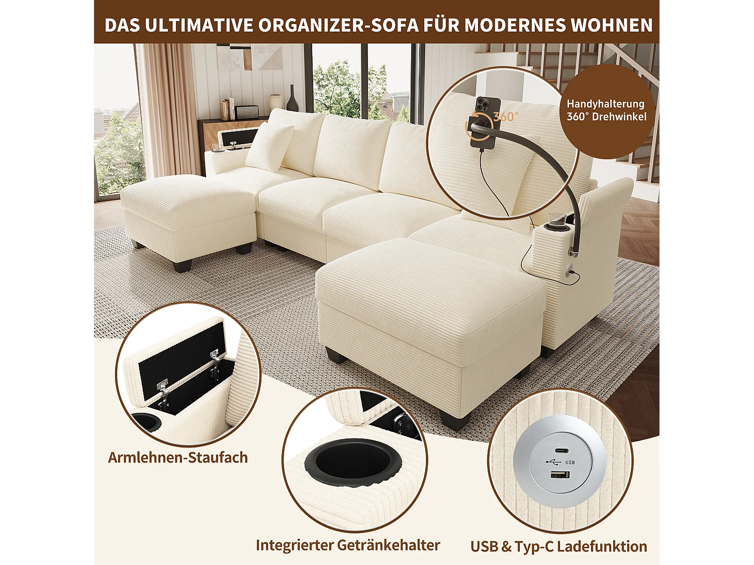 Canapé modulable en U en velours côtelé beige, fonction couchage et USB pour salon