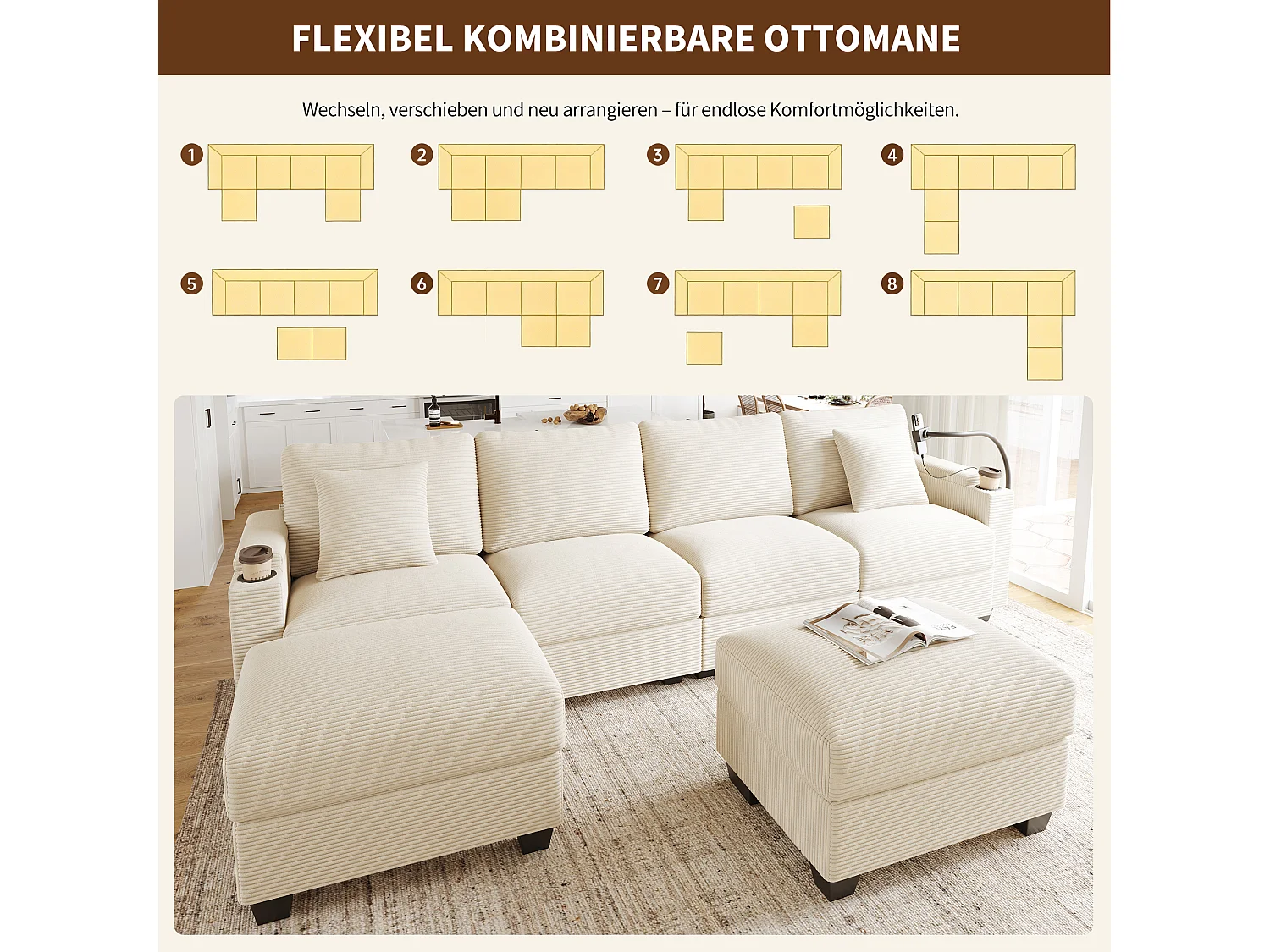 Canapé modulable en U en velours côtelé beige, fonction couchage et USB pour salon