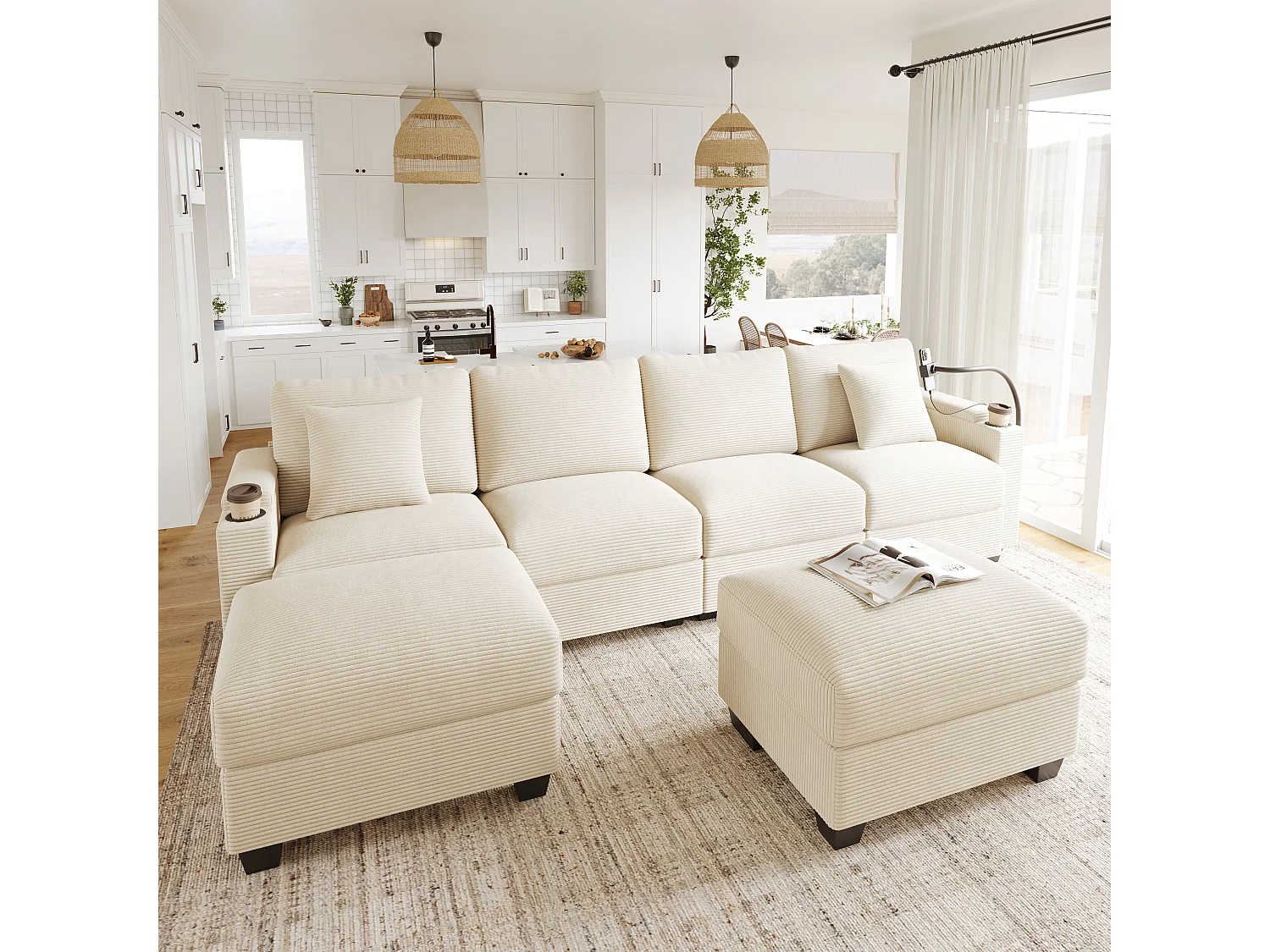Canapé modulable en U en velours côtelé beige, fonction couchage et USB pour salon