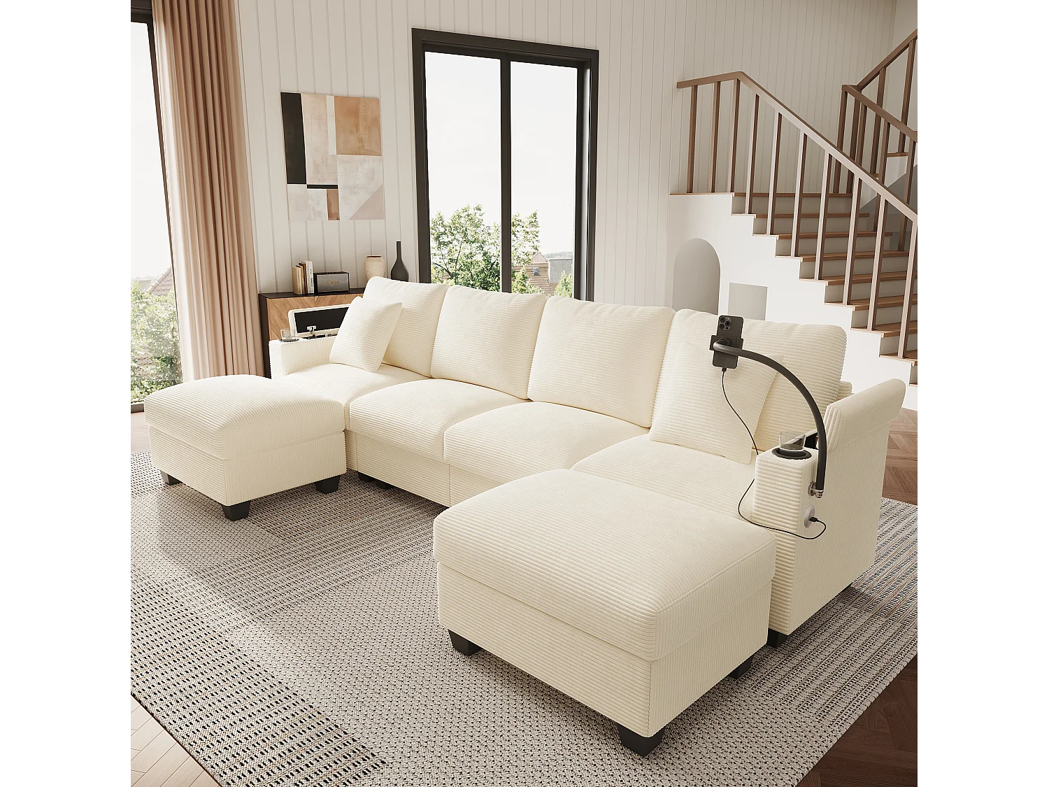Canapé modulable en U en velours côtelé beige, fonction couchage et USB pour salon