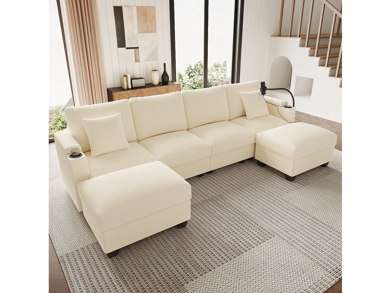 Canapé modulable en U en velours côtelé beige, fonction couchage et USB pour salon