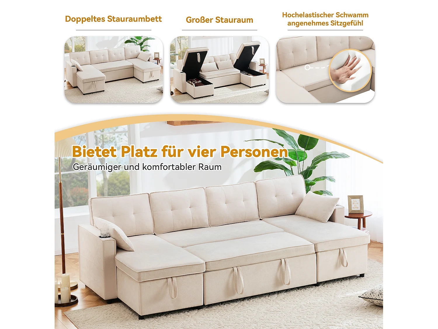 Canapé convertible en U 4 places beige en tissu effet lin, avec rangement et porte-gobelets pour salon
