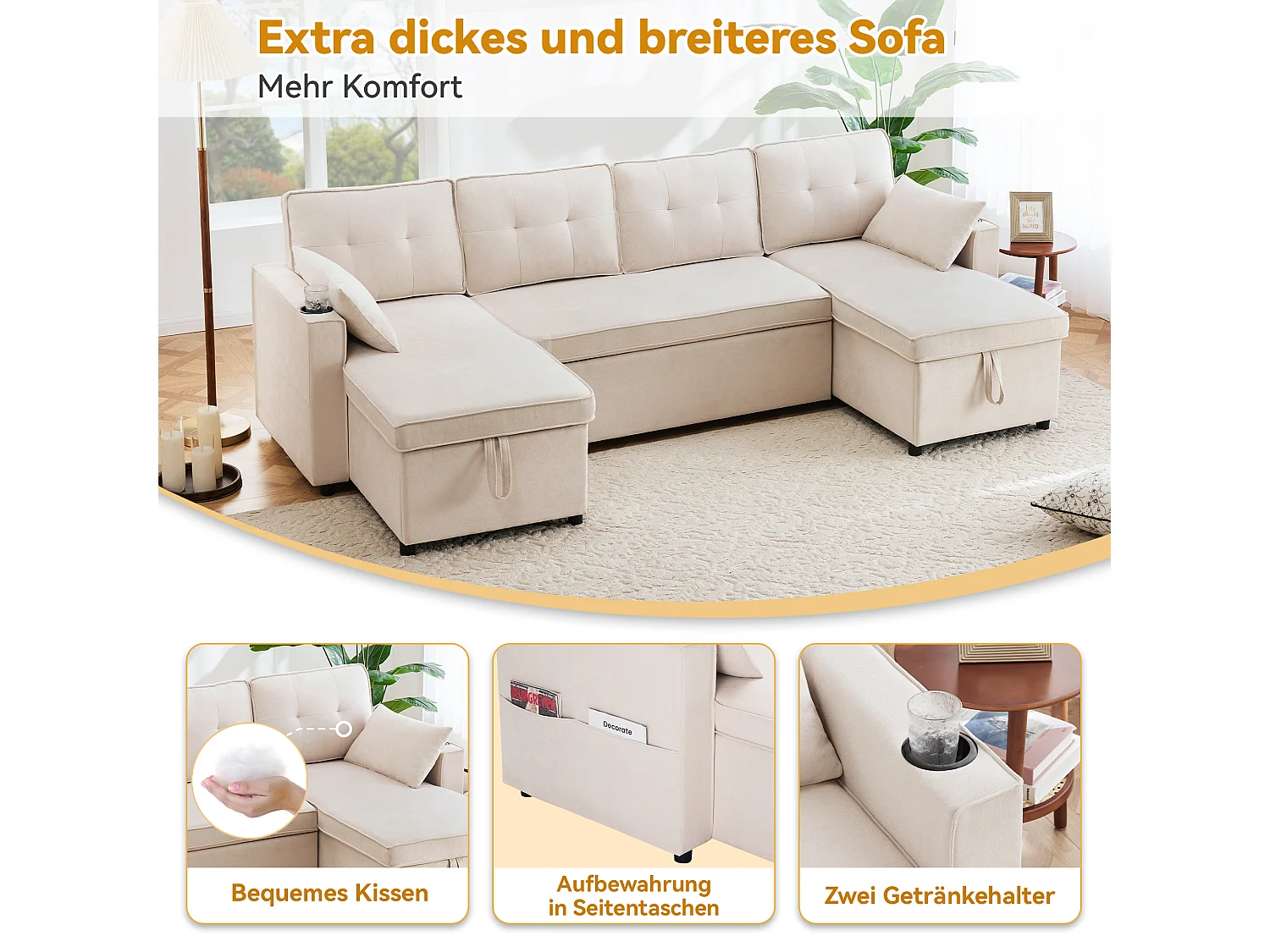 Canapé convertible en U 4 places beige en tissu effet lin, avec rangement et porte-gobelets pour salon