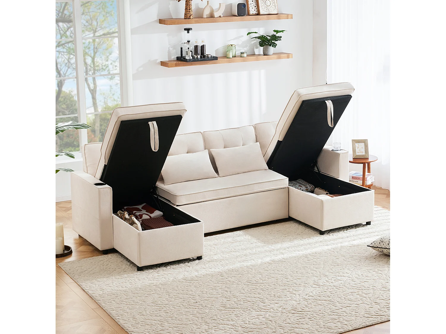 Canapé convertible en U 4 places beige en tissu effet lin, avec rangement et porte-gobelets pour salon