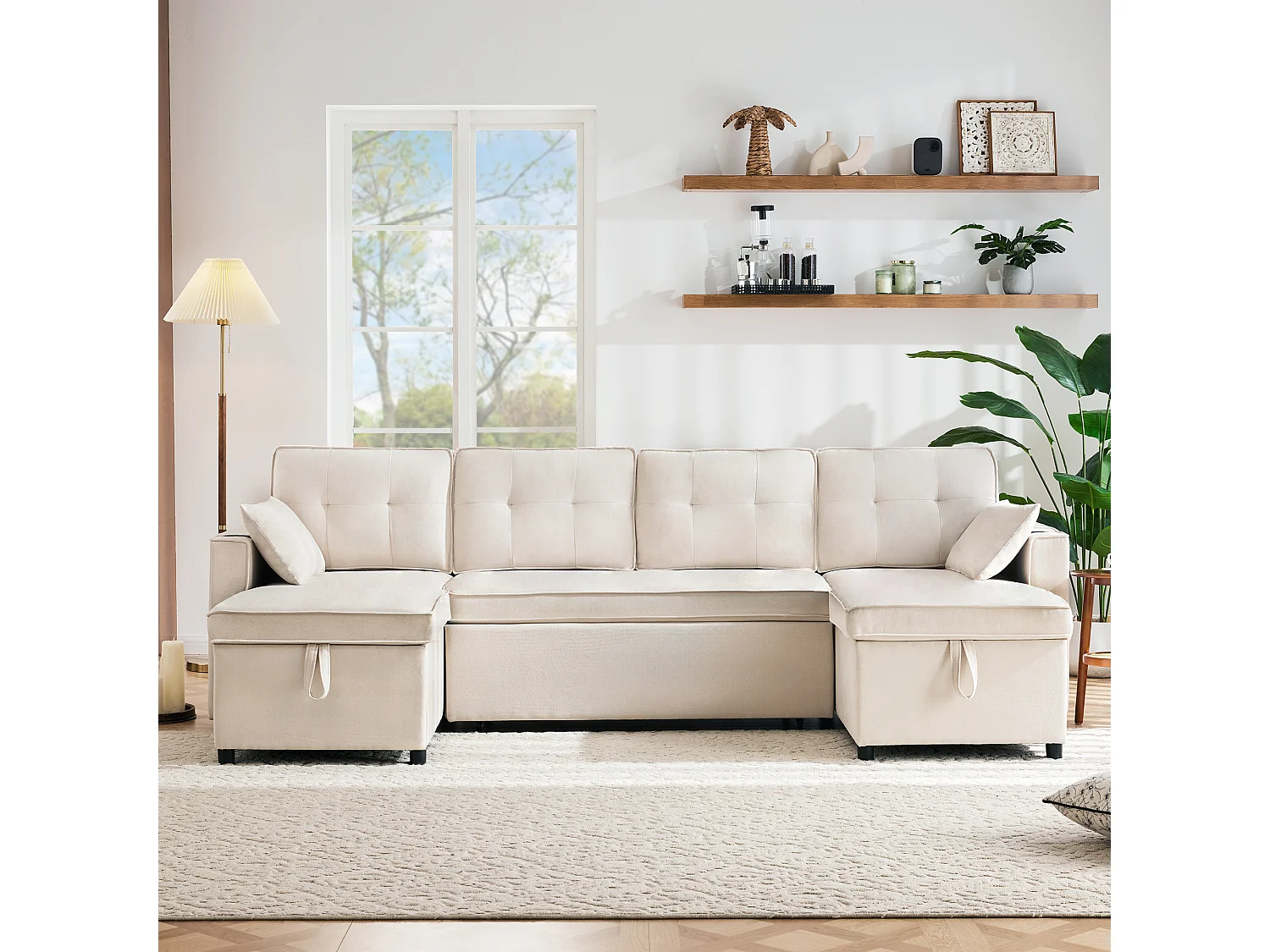 Canapé convertible en U 4 places beige en tissu effet lin, avec rangement et porte-gobelets pour salon