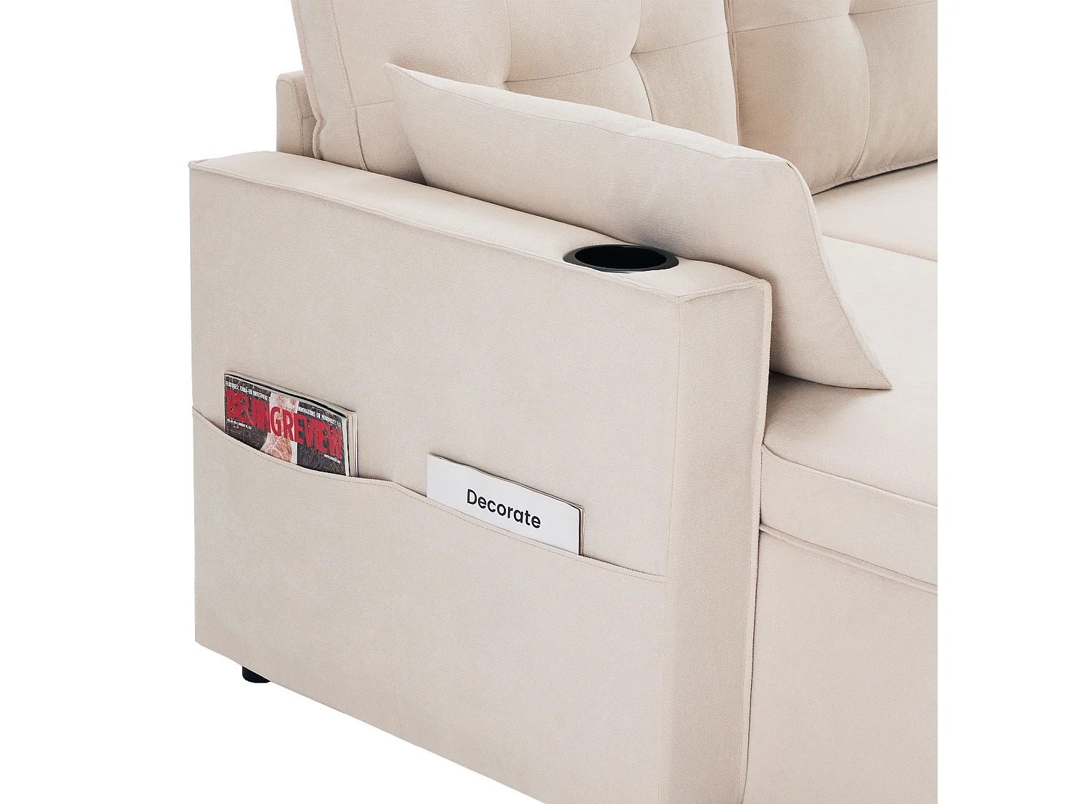 Canapé convertible en U 4 places beige en tissu effet lin, avec rangement et porte-gobelets pour salon