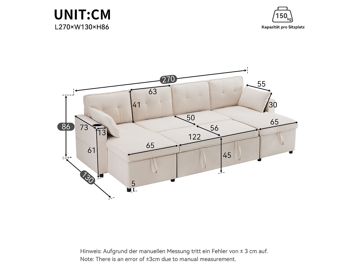 Canapé convertible en U 4 places beige en tissu effet lin, avec rangement et porte-gobelets pour salon
