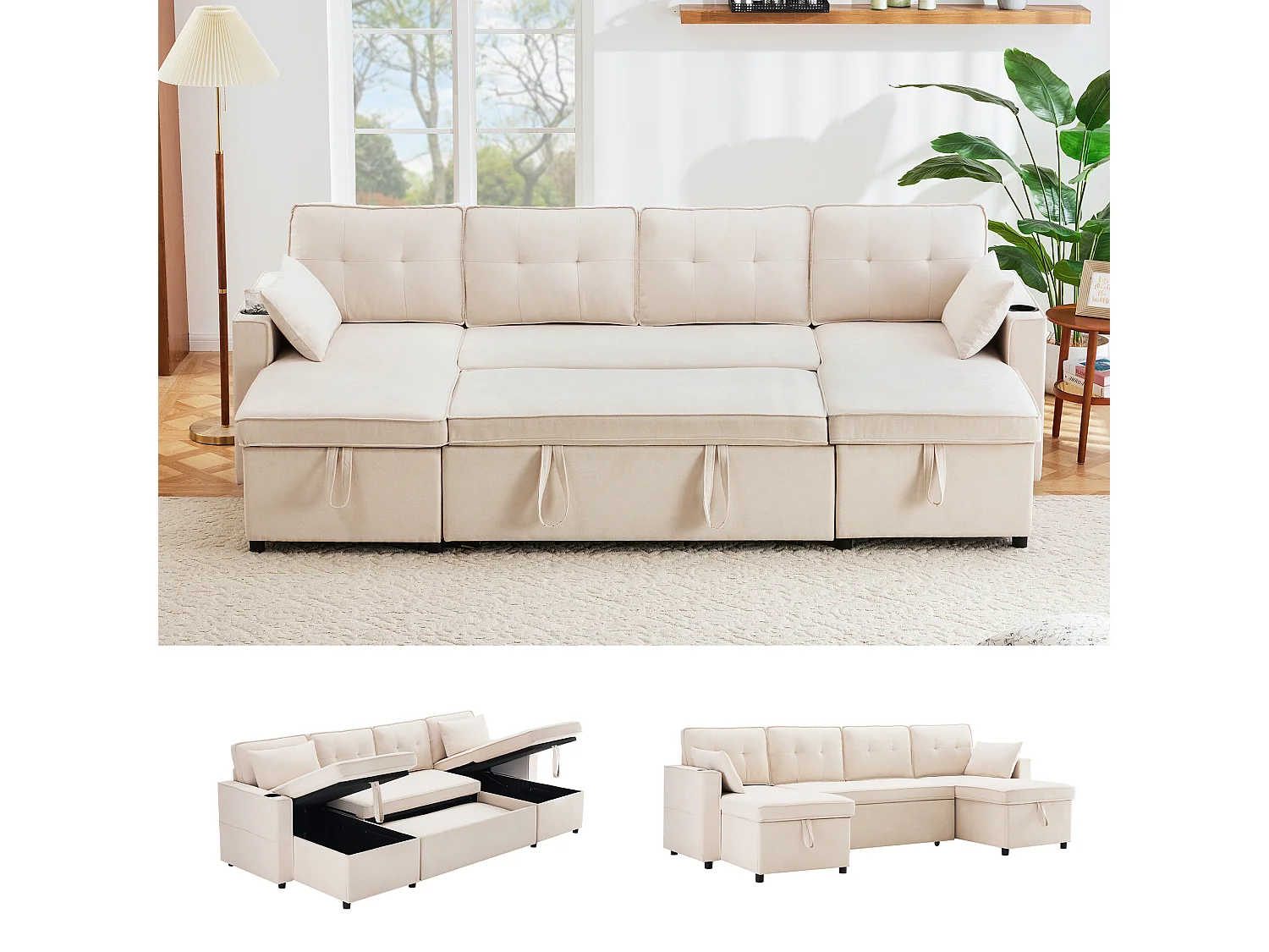 Canapé convertible en U 4 places beige en tissu effet lin, avec rangement et porte-gobelets pour salon