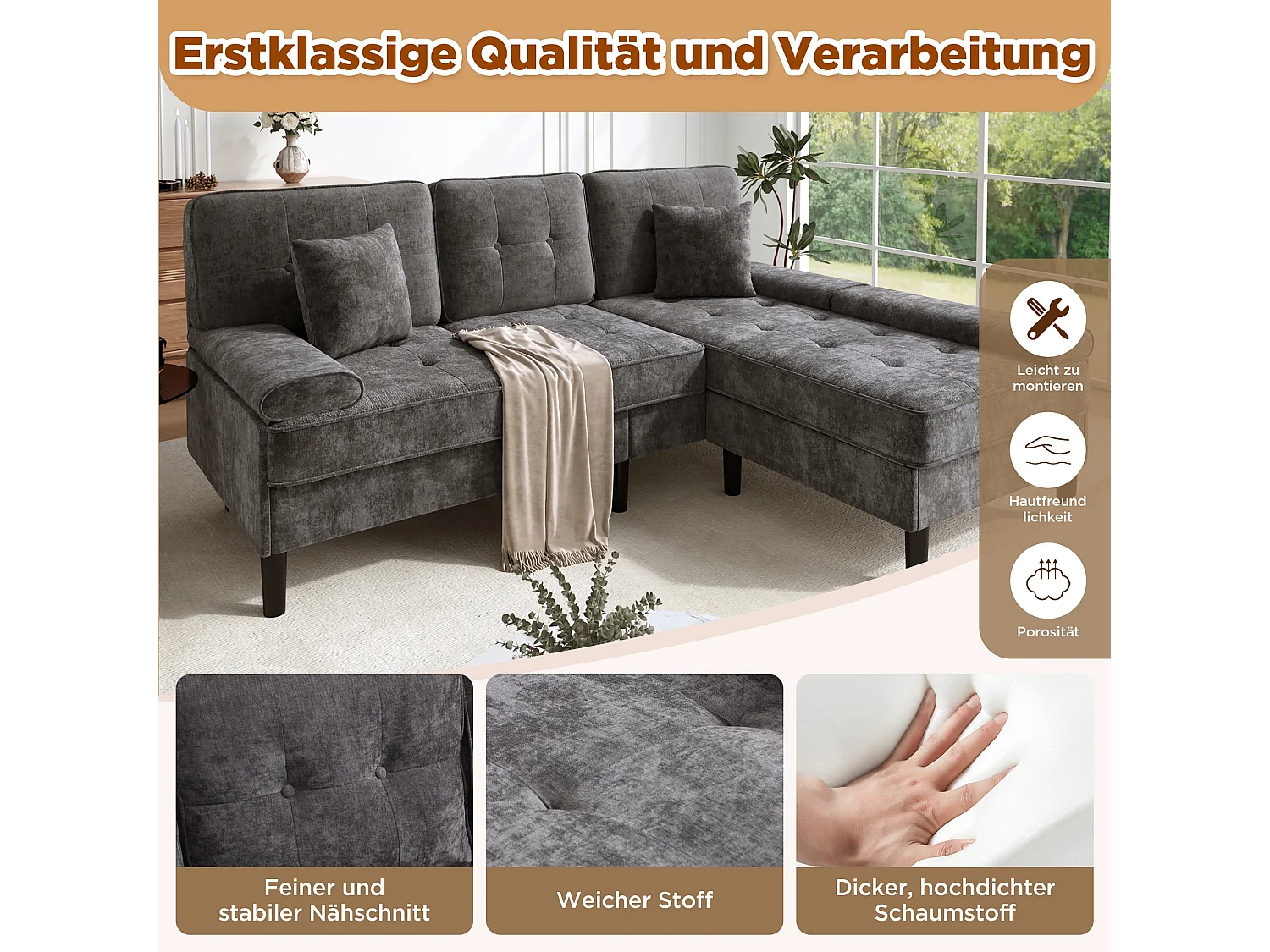Canapé d’angle en chenille 3 places avec pouf mobile, méridienne réversible pour salon
