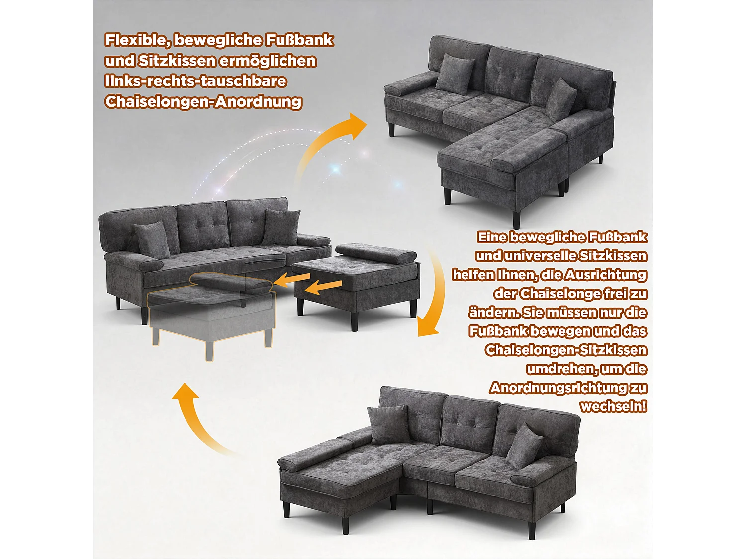 Canapé d’angle en chenille 3 places avec pouf mobile, méridienne réversible pour salon