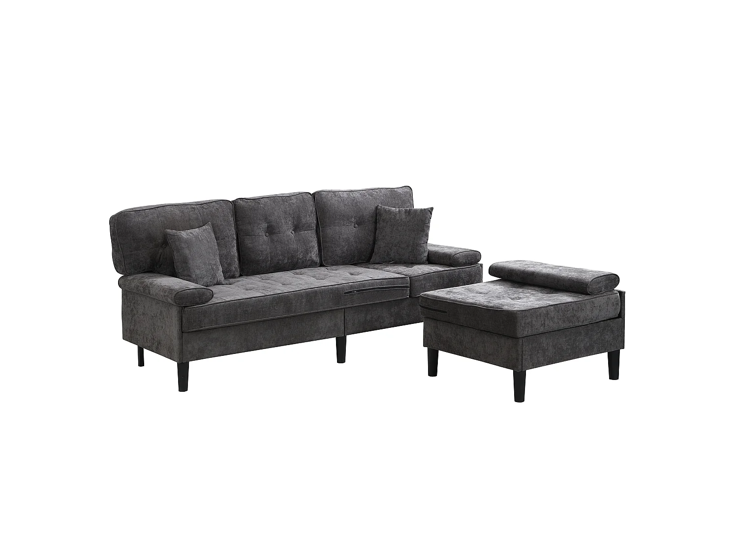 Canapé d’angle en chenille 3 places avec pouf mobile, méridienne réversible pour salon