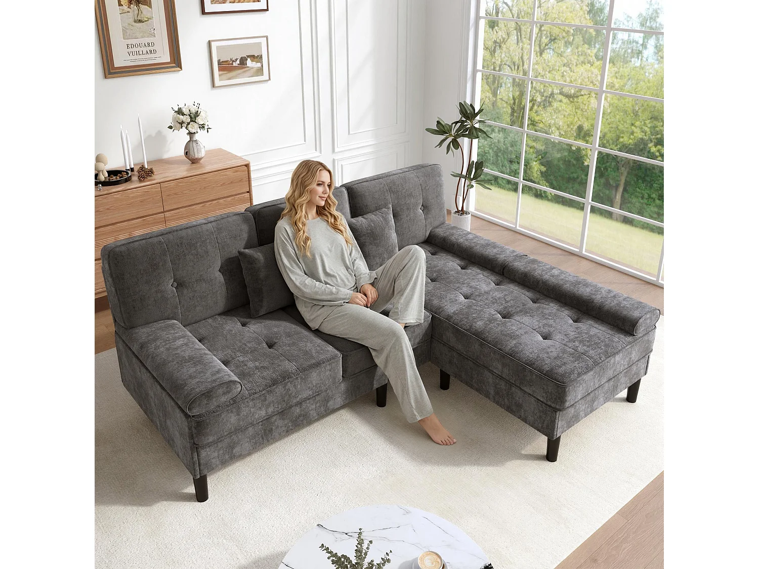 Canapé d’angle en chenille 3 places avec pouf mobile, méridienne réversible pour salon