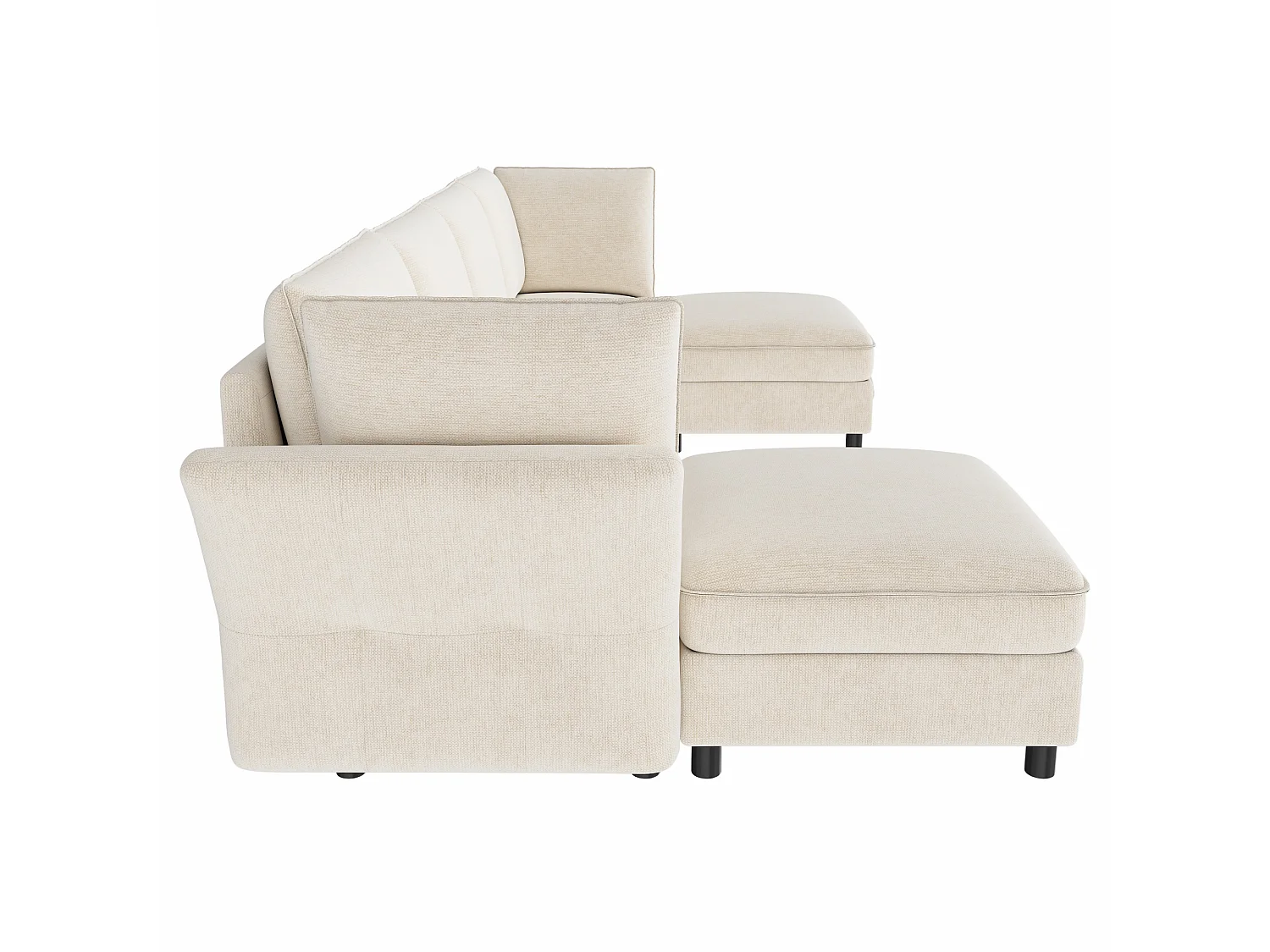 Canapé d'angle modulable 6 places en chenille beige, poufs de rangement pour salon