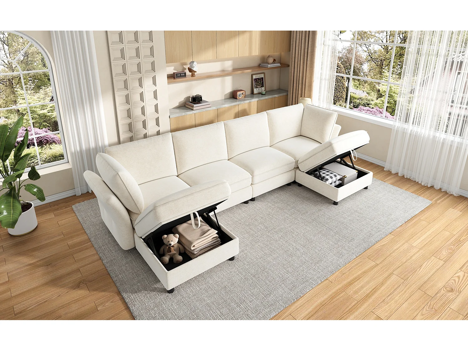 Canapé d'angle modulable 6 places en chenille beige, poufs de rangement pour salon