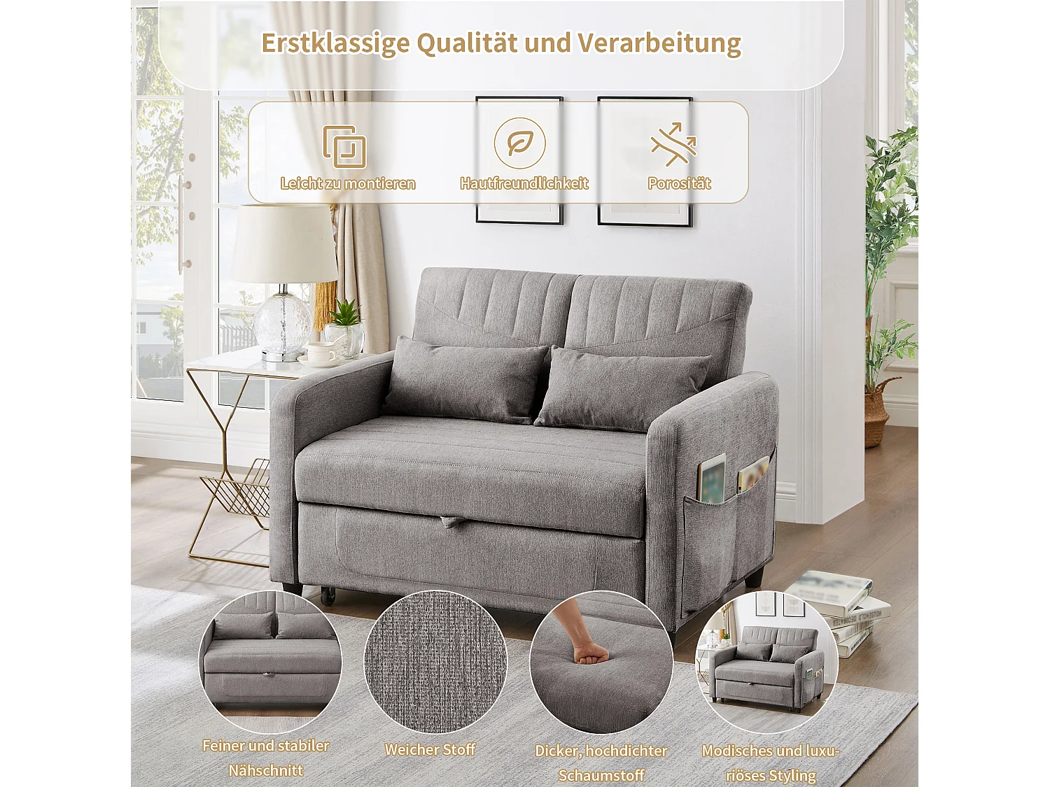 Canapé convertible 2 places gris en coton et lin, dossier réglable et couchage extensible pour petit salon
