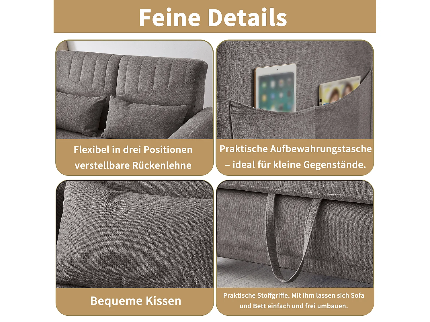 Canapé convertible 2 places gris en coton et lin, dossier réglable et couchage extensible pour petit salon