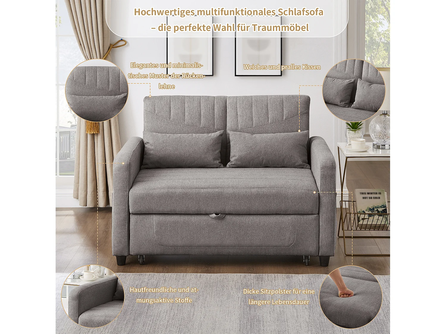 Canapé convertible 2 places gris en coton et lin, dossier réglable et couchage extensible pour petit salon