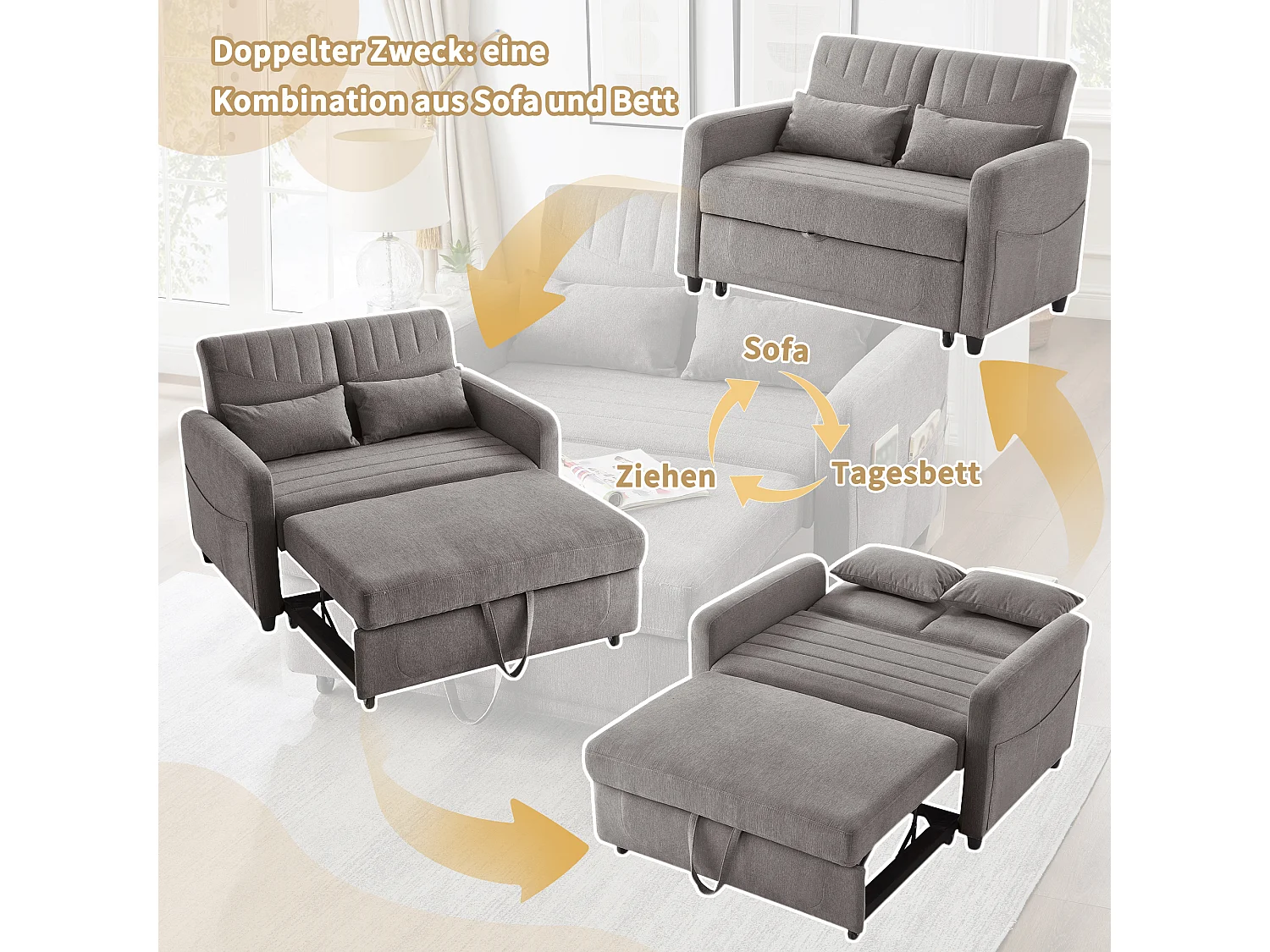 Canapé convertible 2 places gris en coton et lin, dossier réglable et couchage extensible pour petit salon
