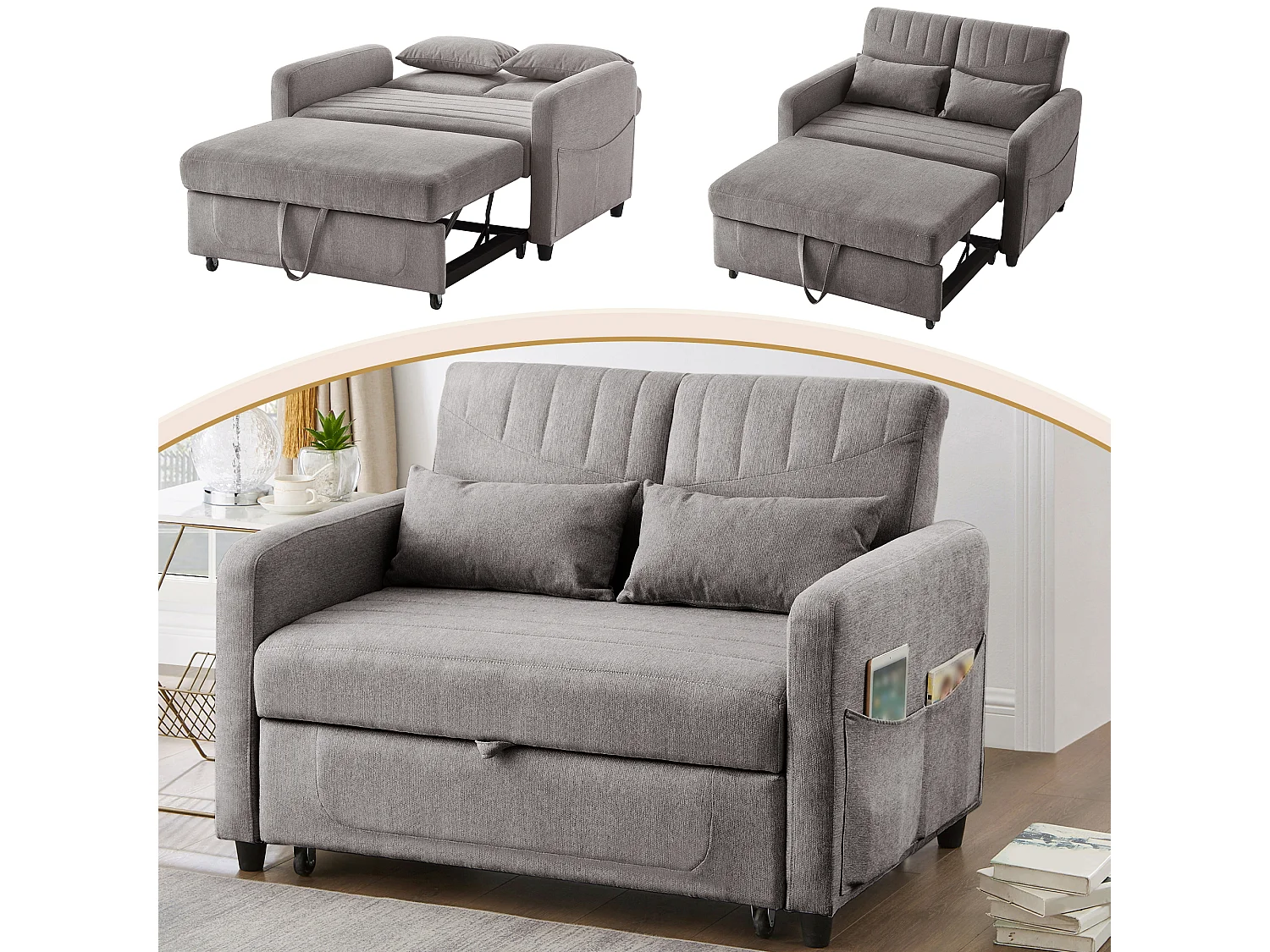 Canapé convertible 2 places gris en coton et lin, dossier réglable et couchage extensible pour petit salon