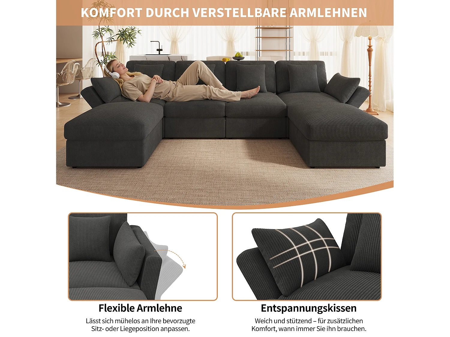 Canapé d’angle modulable 6 places en velours côtelé gris avec poufs et accoudoirs réglables