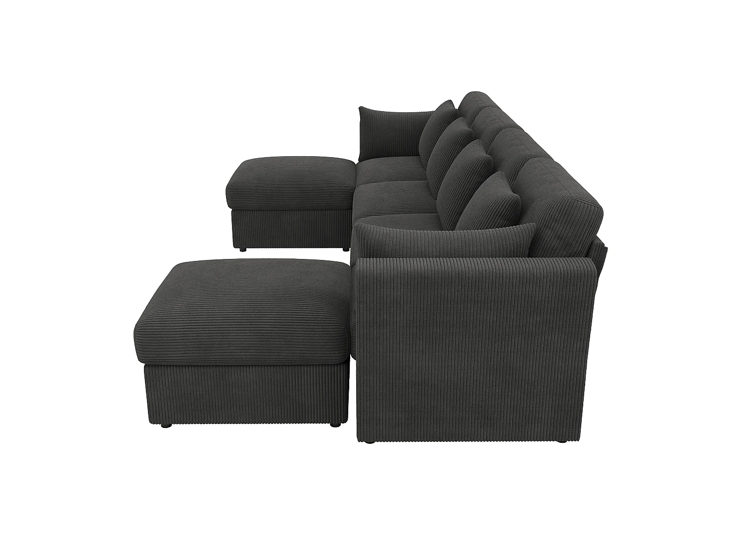 Canapé d’angle modulable 6 places en velours côtelé gris avec poufs et accoudoirs réglables