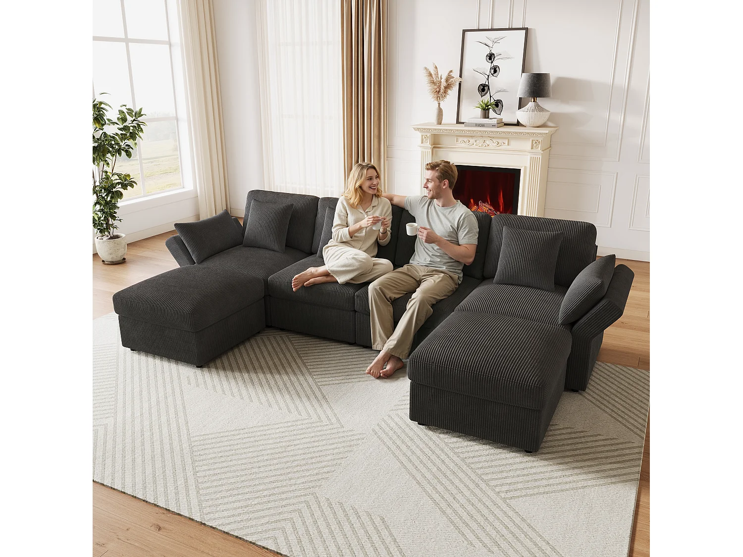 Canapé d’angle modulable 6 places en velours côtelé gris avec poufs et accoudoirs réglables