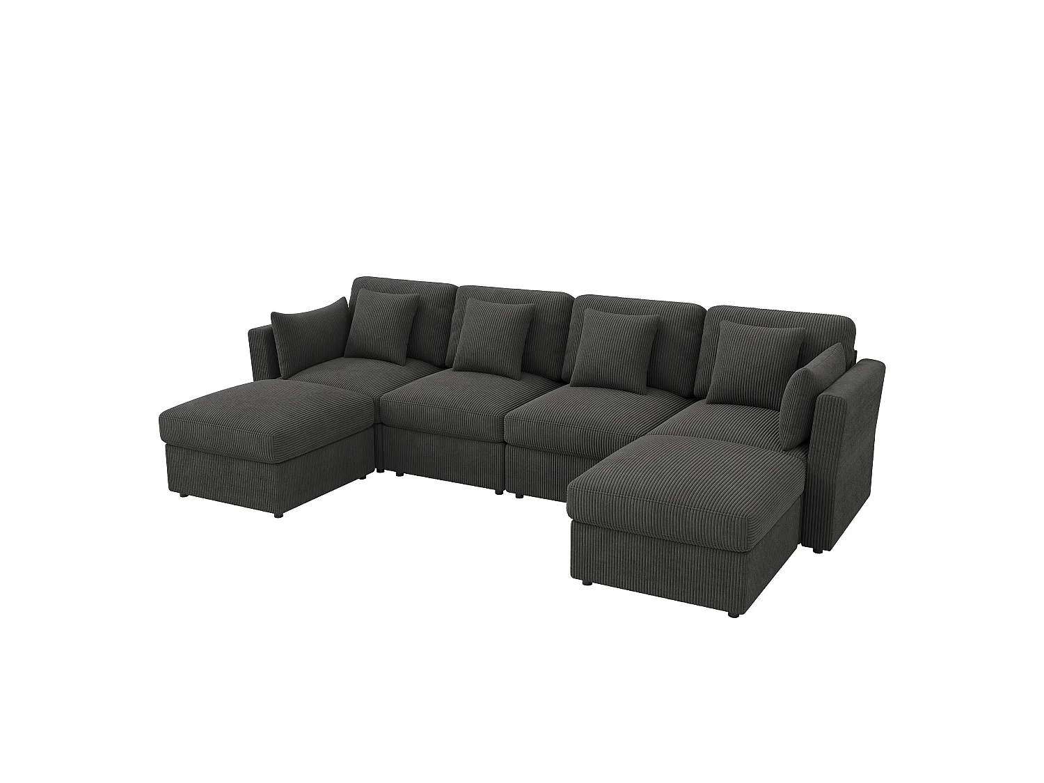 Canapé d’angle modulable 6 places en velours côtelé gris avec poufs et accoudoirs réglables