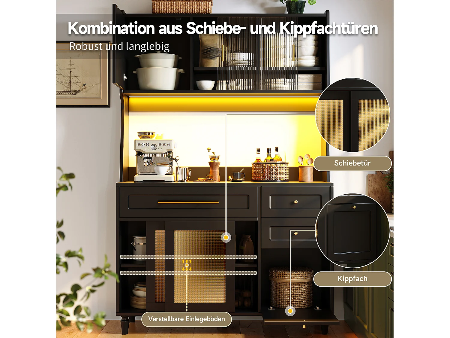 Armoire de cuisine haute noire avec éclairage LED, 3 tiroirs et étagères réglables