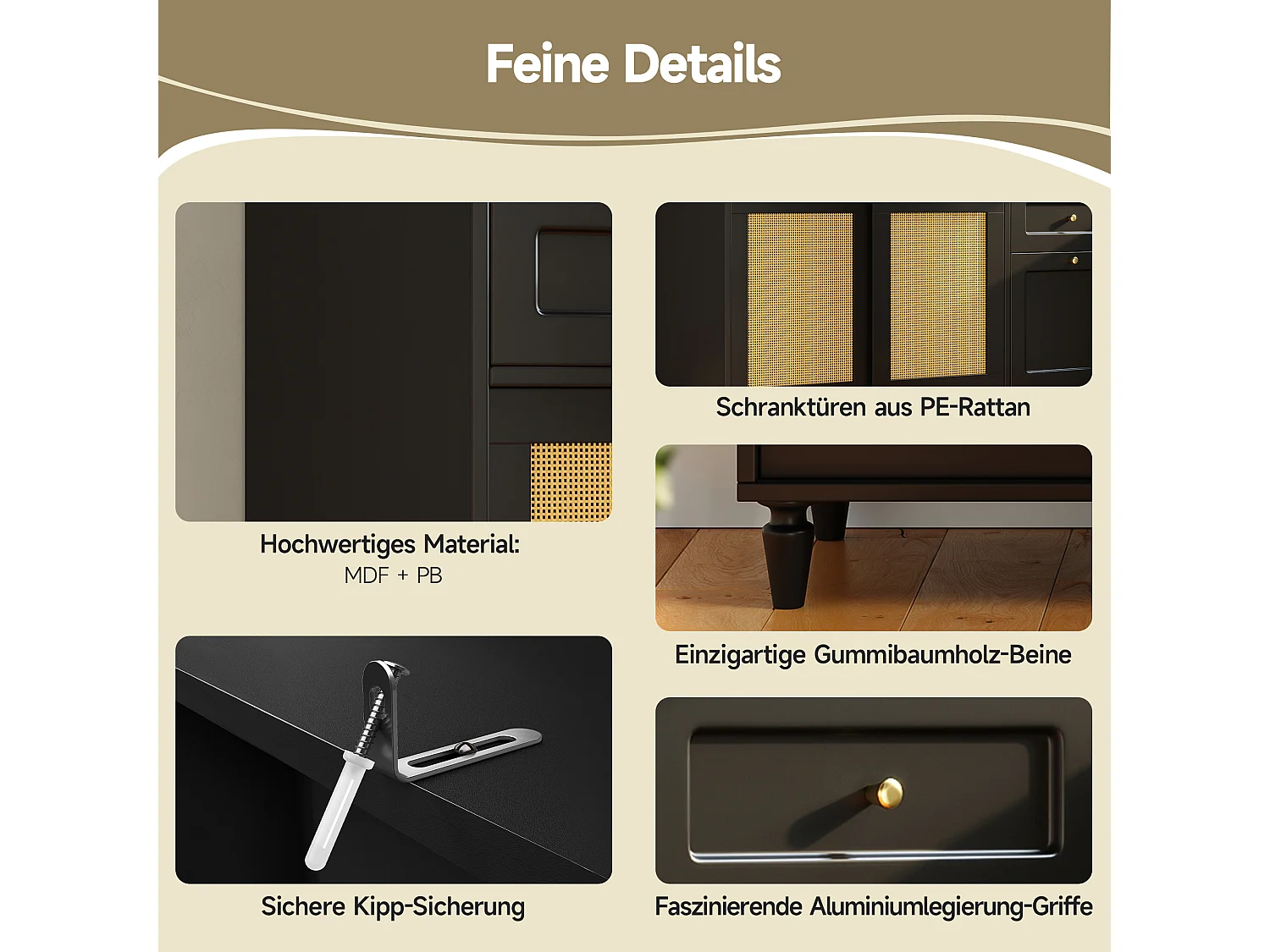 Armoire de cuisine haute noire avec éclairage LED, 3 tiroirs et étagères réglables