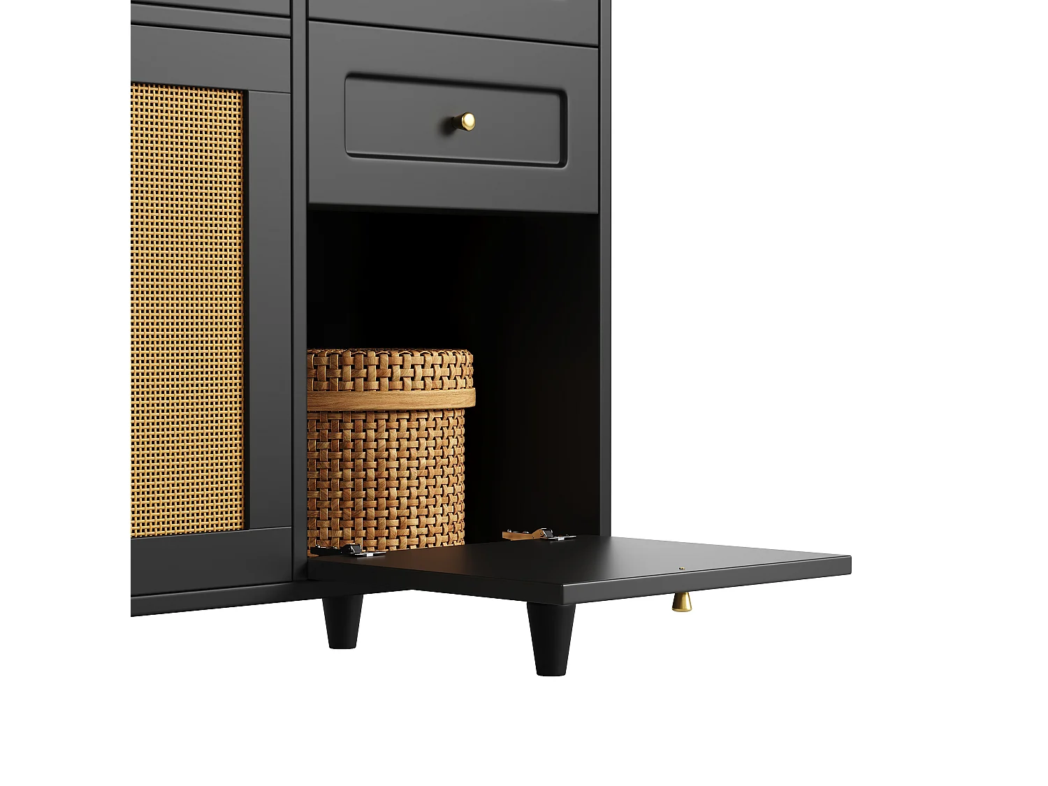 Armoire de cuisine haute noire avec éclairage LED, 3 tiroirs et étagères réglables