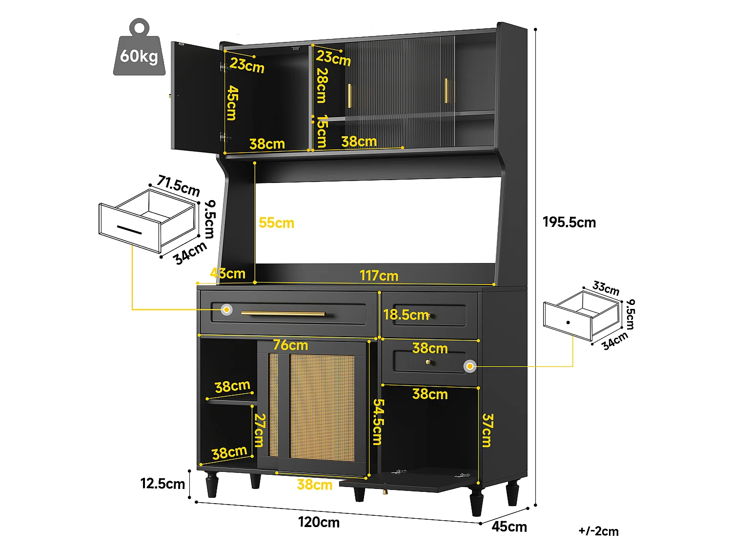 Armoire de cuisine haute noire avec éclairage LED, 3 tiroirs et étagères réglables