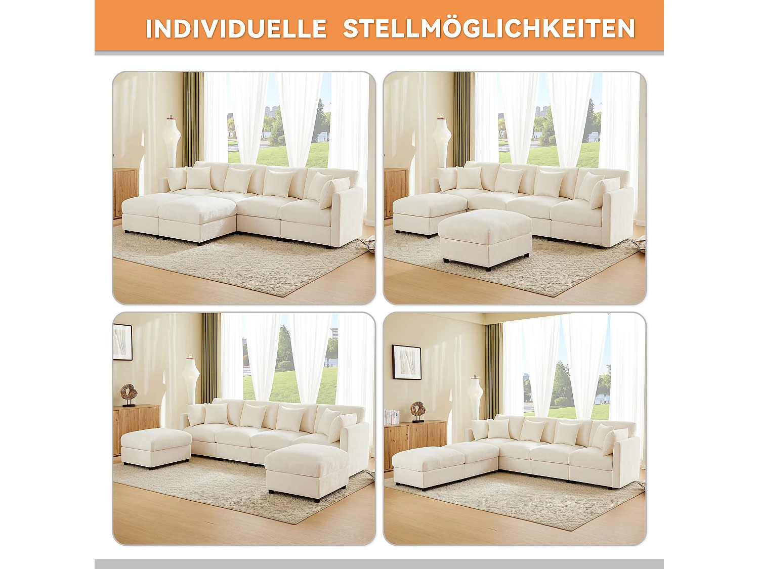 Canapé modulable beige en chenille, angle en L ou U avec 2 poufs et accoudoirs réglables pour le salon