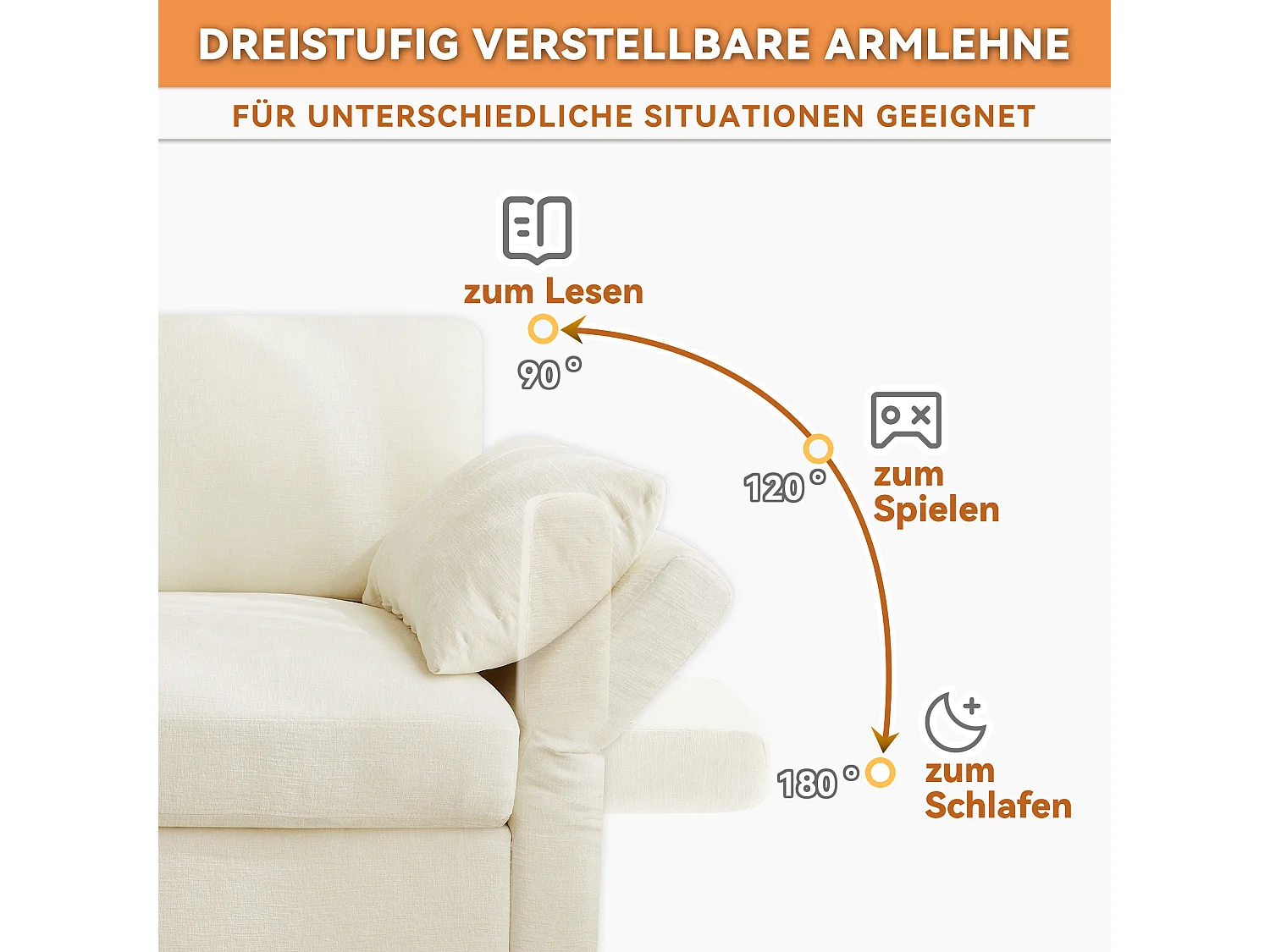 Canapé modulable beige en chenille, angle en L ou U avec 2 poufs et accoudoirs réglables pour le salon