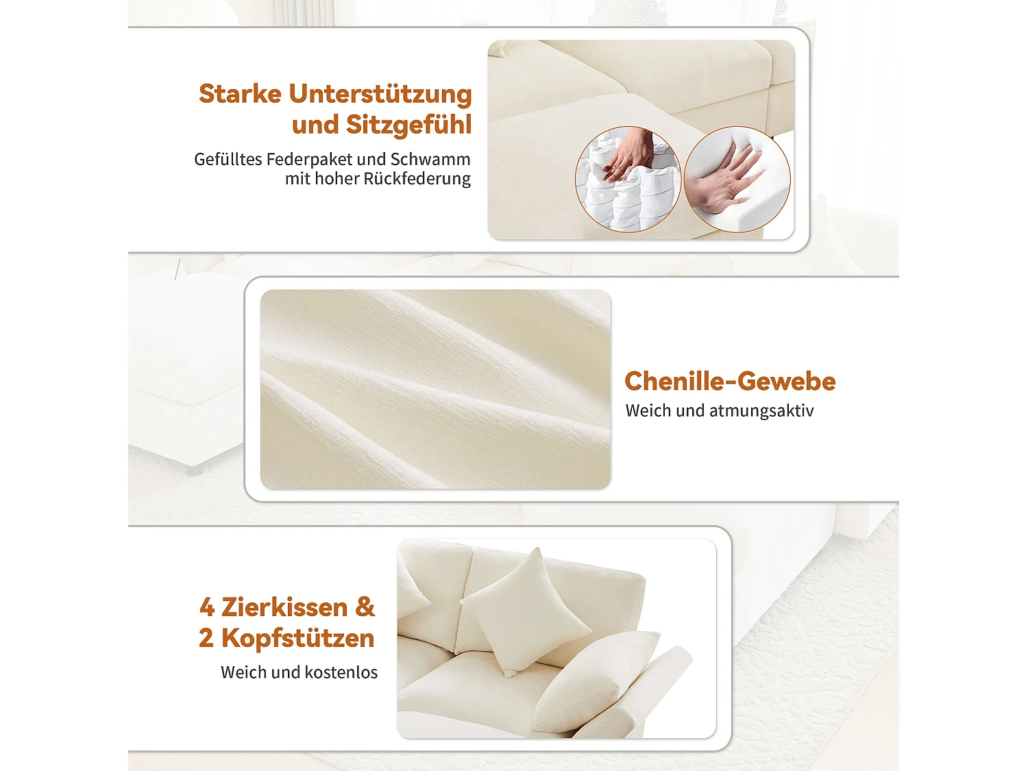 Canapé modulable beige en chenille, angle en L ou U avec 2 poufs et accoudoirs réglables pour le salon