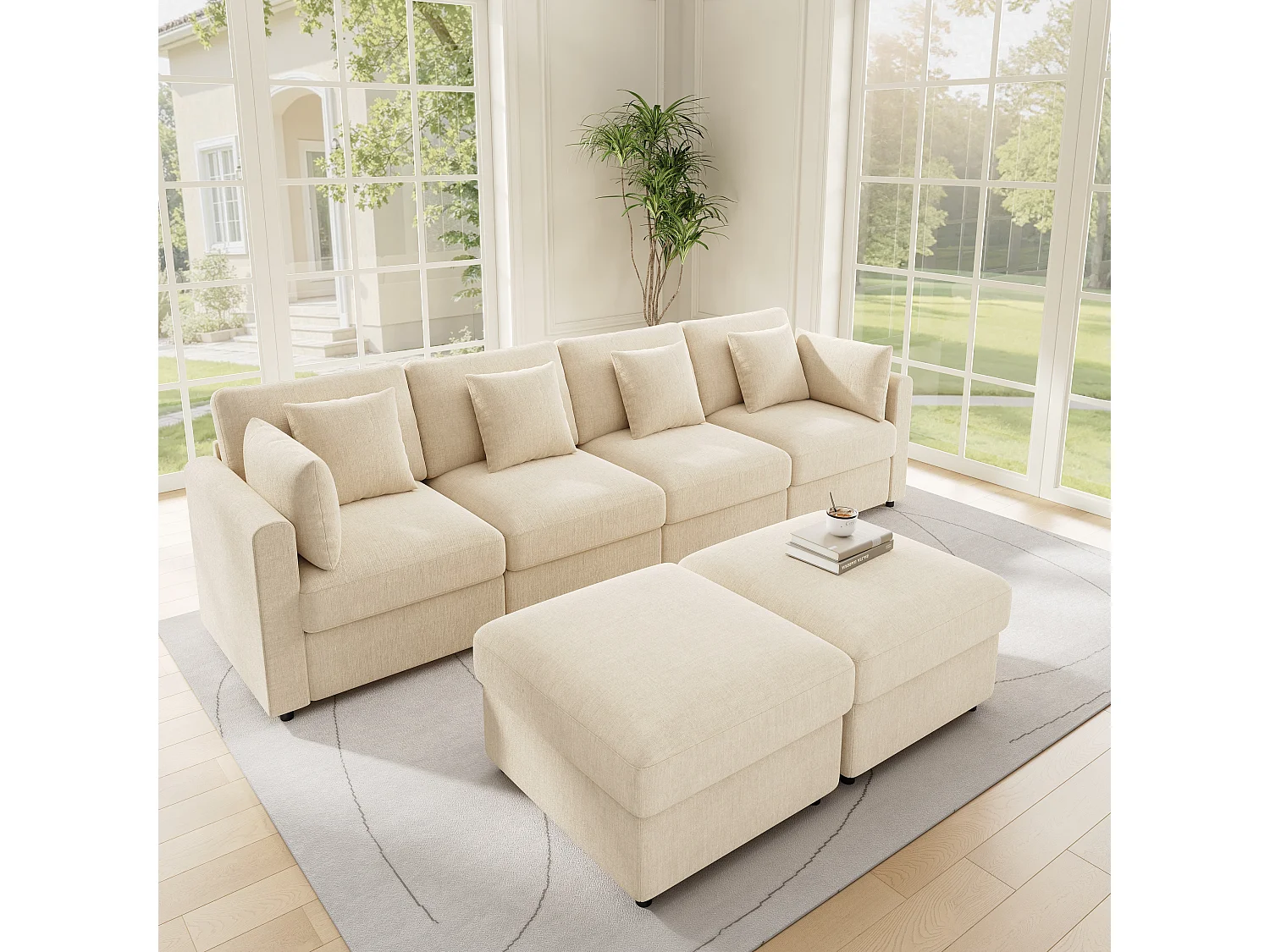 Canapé modulable beige en chenille, angle en L ou U avec 2 poufs et accoudoirs réglables pour le salon