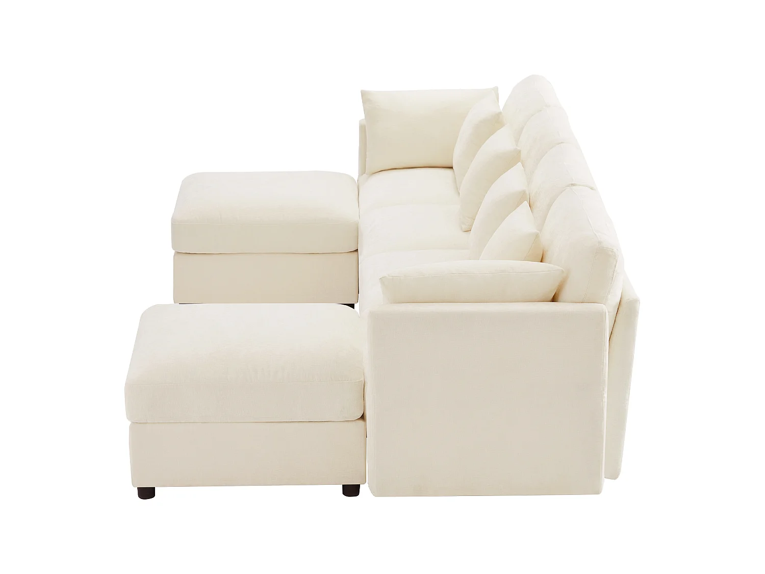 Canapé modulable beige en chenille, angle en L ou U avec 2 poufs et accoudoirs réglables pour le salon