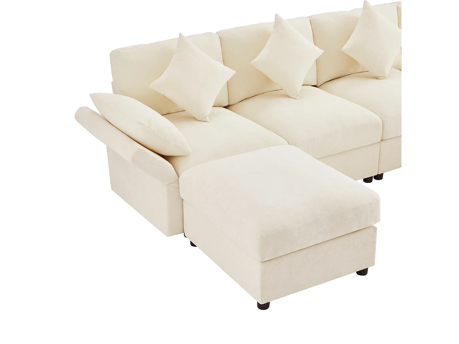 Canapé modulable beige en chenille, angle en L ou U avec 2 poufs et accoudoirs réglables pour le salon