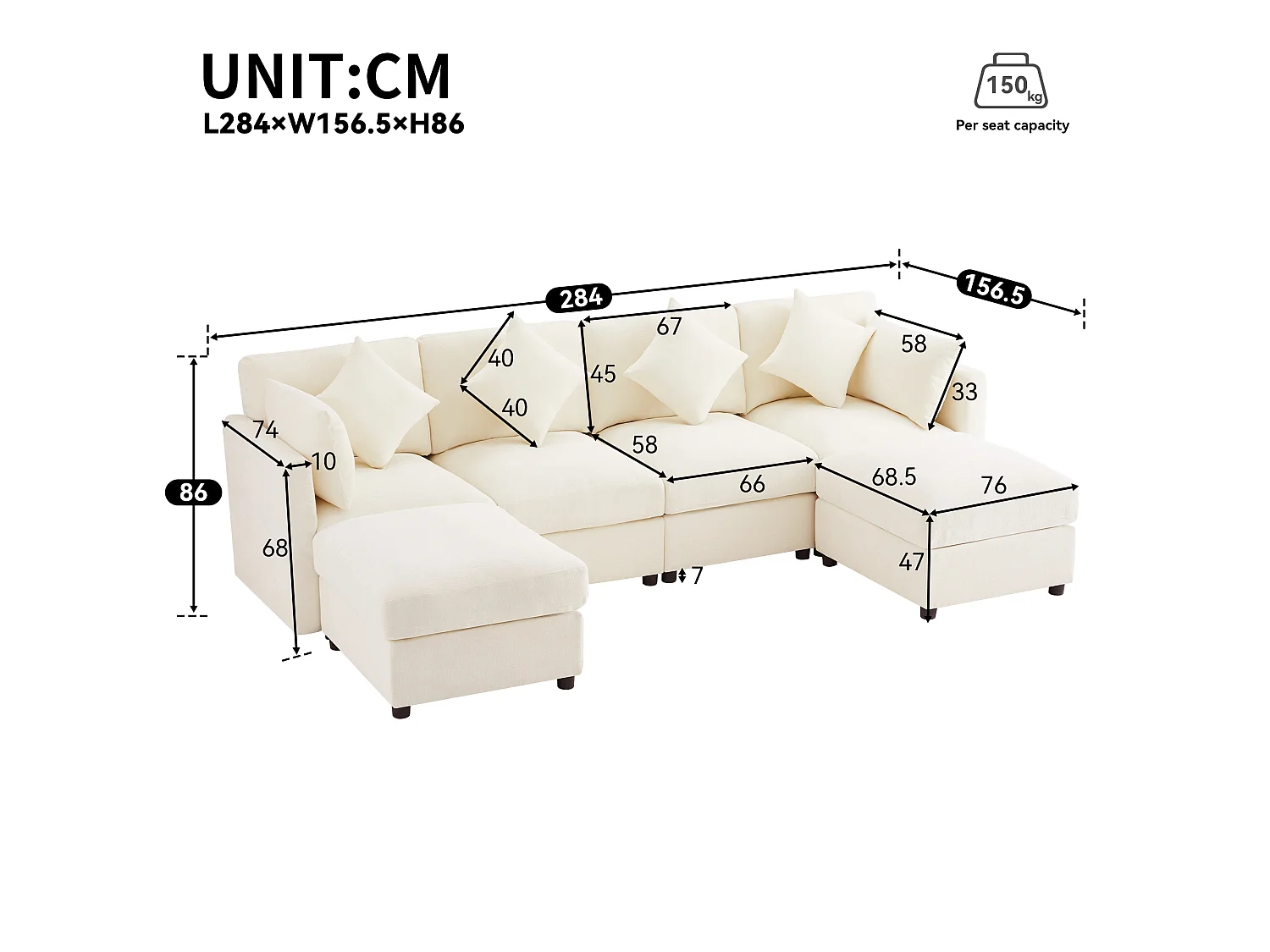 Canapé modulable beige en chenille, angle en L ou U avec 2 poufs et accoudoirs réglables pour le salon