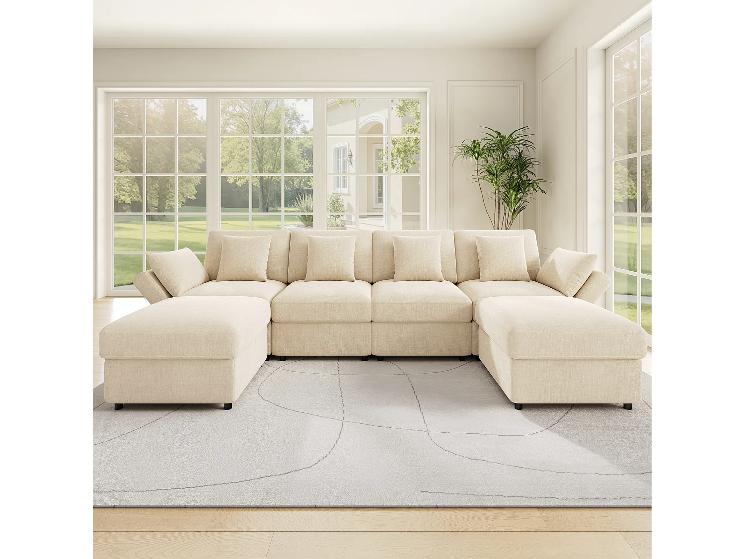 Canapé modulable beige en chenille, angle en L ou U avec 2 poufs et accoudoirs réglables pour le salon